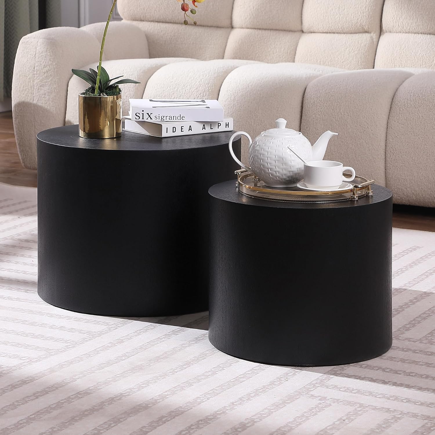 Modern Round Nesting Coffee Table Set of 2 - Wooden Circle Accent Tables with Non-Slip Feet for Small Spaces - Perfect for Living Room, Bedroom, Balcony, Office & Drum Side Table (Black) - Ideal for Home Decor, Coffee Time & Space Saving Furniture