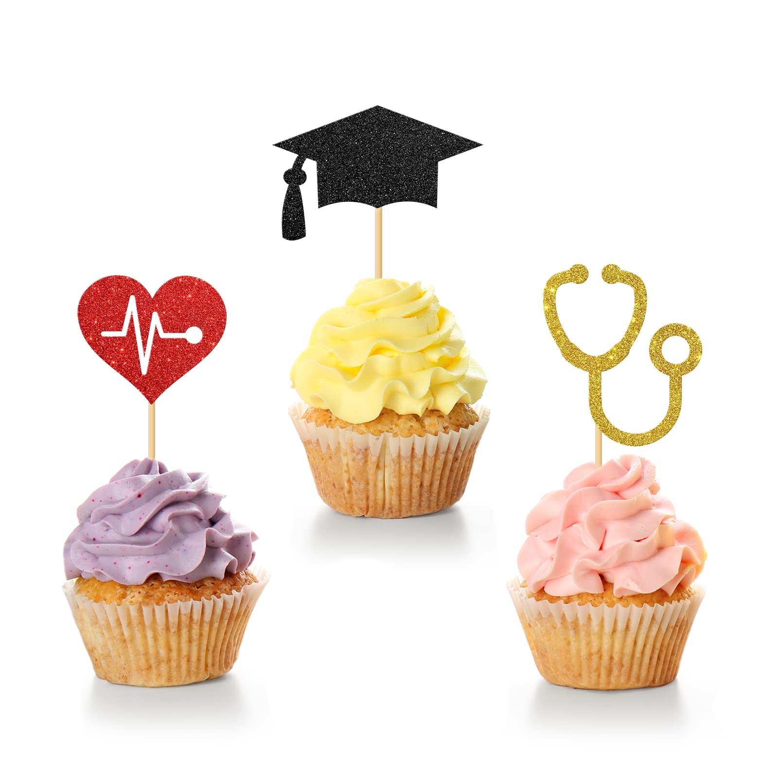 24-Piece Doctor & Nurse Graduation Cupcake Toppers - Medical RN Themed Decorations for Nursing School Graduation Parties (Black, Red & Gold Glitter) - Perfect for Healthcare Graduation Celebrations, Cake Decorating & Dessert Displays