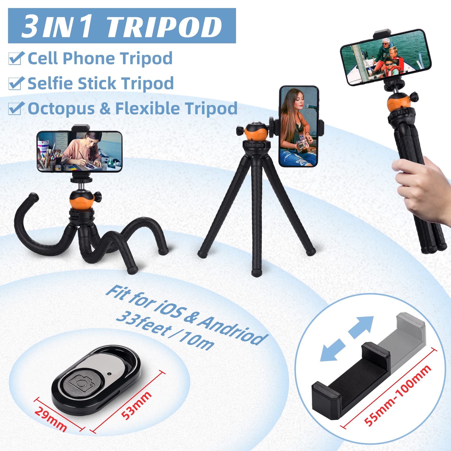 Portable Flexible Cell Phone Tripod Stand with Wireless Remote - 360° Adjustable Mini Tripod for iPhone, Android, GoPro, iPad & DSLR Cameras - Perfect for Vlogging, Live Streaming & Photography (Orange)