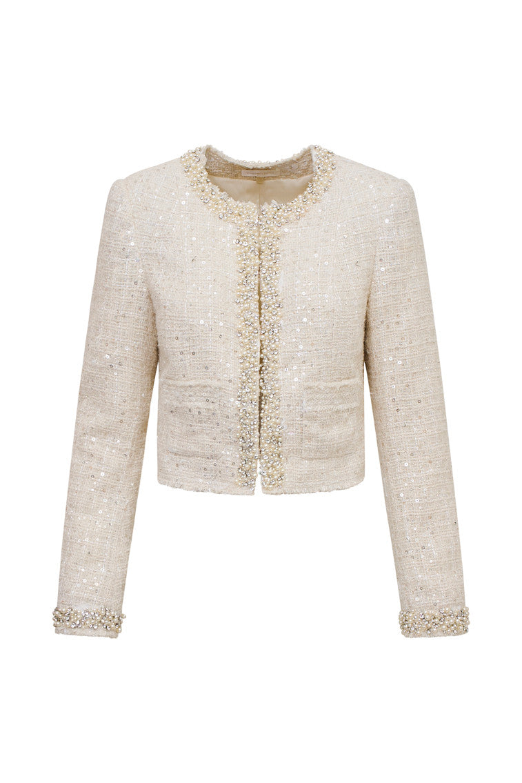 Vintra Embellished Tweed Jacket for Women - Elegant Blazer with Beaded Details, Perfect for Office, Parties & Special Occasions