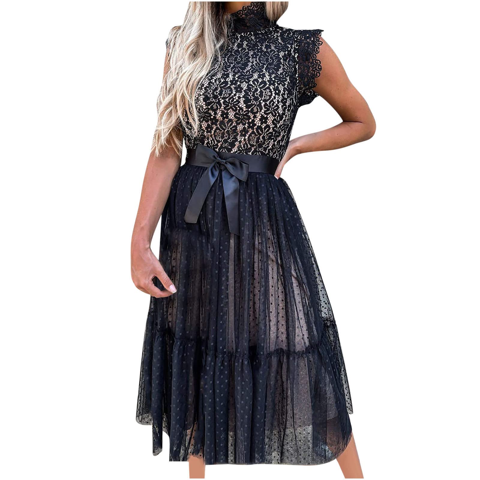 Sexy Turtleneck Sleeveless Hollow Out Mesh Lace Summer Dress for Women - Solid Color Beach Sun Dress for Vacation, Party & Outdoor Date Night