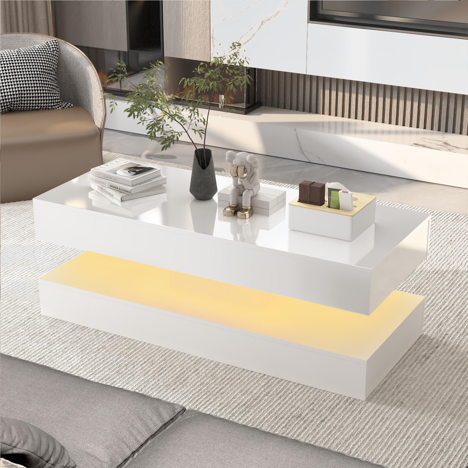 **Uspeedy 47.3 Inch High Glossy LED Coffee Table with APP Control, Modern Black/White Living Room Furniture - Perfect for Home Decor, Parties & Nighttime Ambiance (White)**
