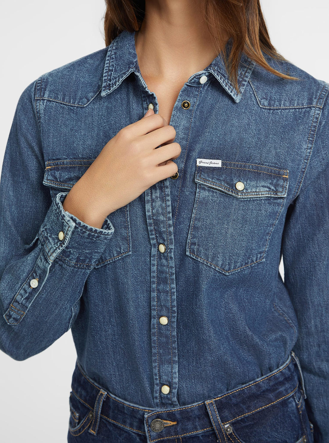 Guess Women's Blue Slim Fit Denim Shirt - Casual Long Sleeve Button Down Top for Everyday Wear & Layering
