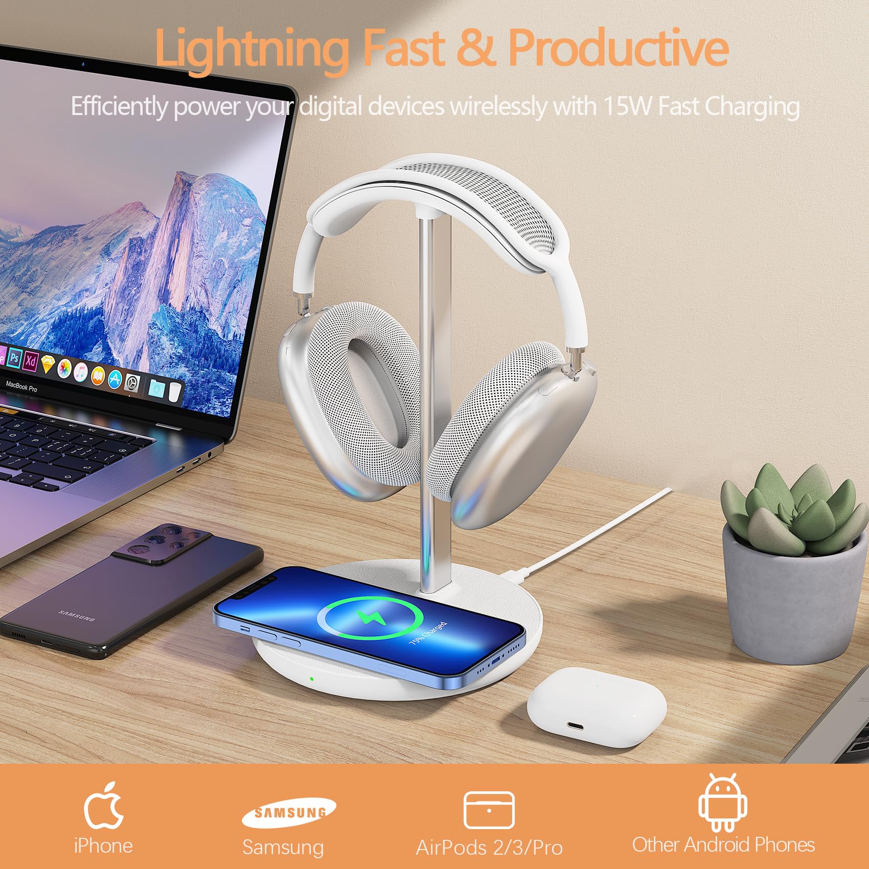 2-in-1 Wireless Charging Headphone Stand - Universal Gaming Headset Holder & Phone Charging Dock for iPhone 15/14/13/12/11, Samsung Galaxy, AirPods Pro/3/2 - Perfect Desk Organizer for Gamers & Office Workers (White)