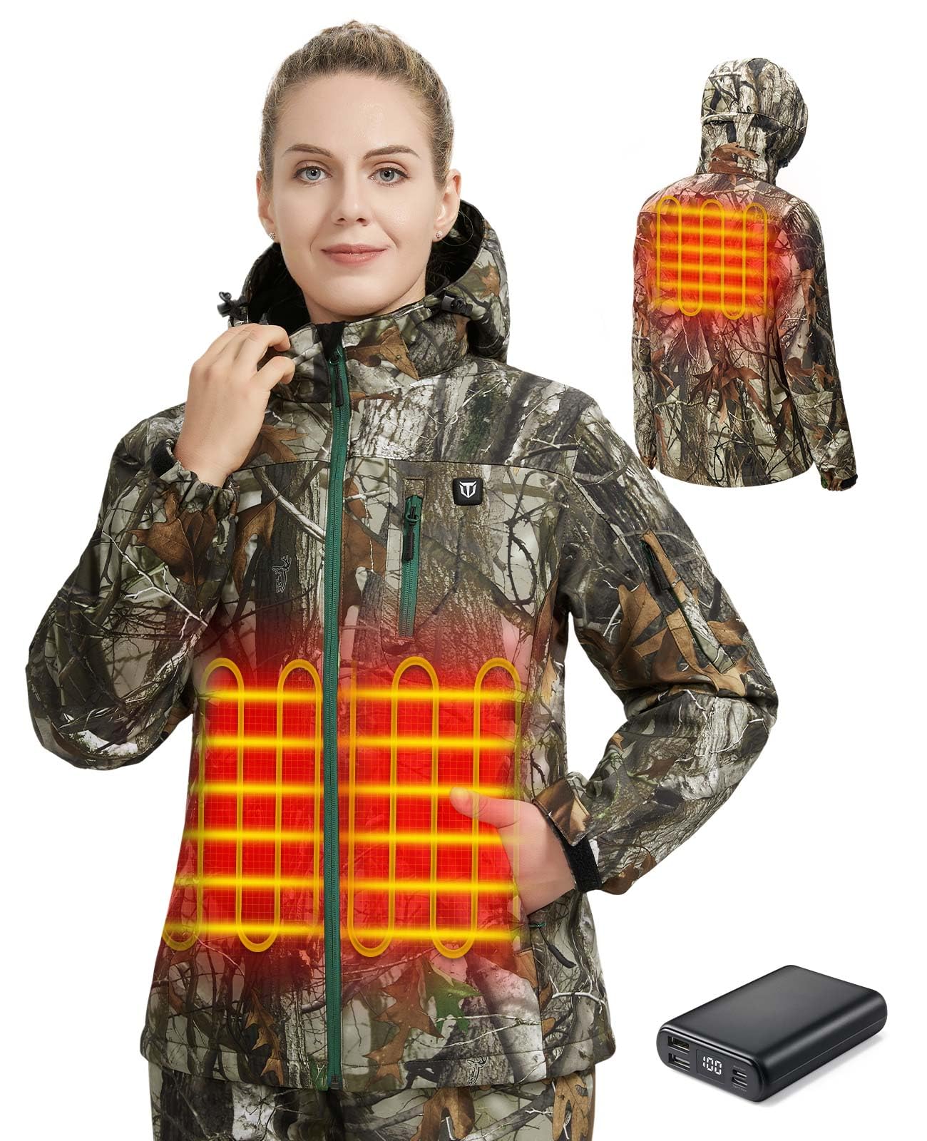 TIDEWE Women's Heated Jacket with Rechargeable Battery Pack - Winter Warm Coat for Outdoor Activities (Black, Pink, Camouflage, Sizes S-XXL) | Perfect for Hiking, Skiing & Cold Weather Commutes