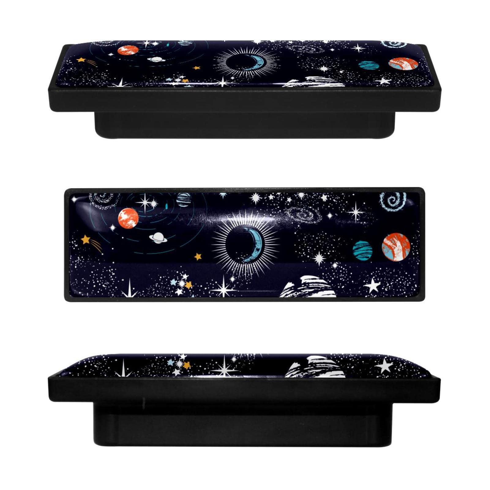 4-Piece Rectangle Cabinet Handles - Outer Space Planets Moon Stars Drawer Pulls with Screws - Vintage Furniture Knobs for Kitchen, Bathroom & Office Decor