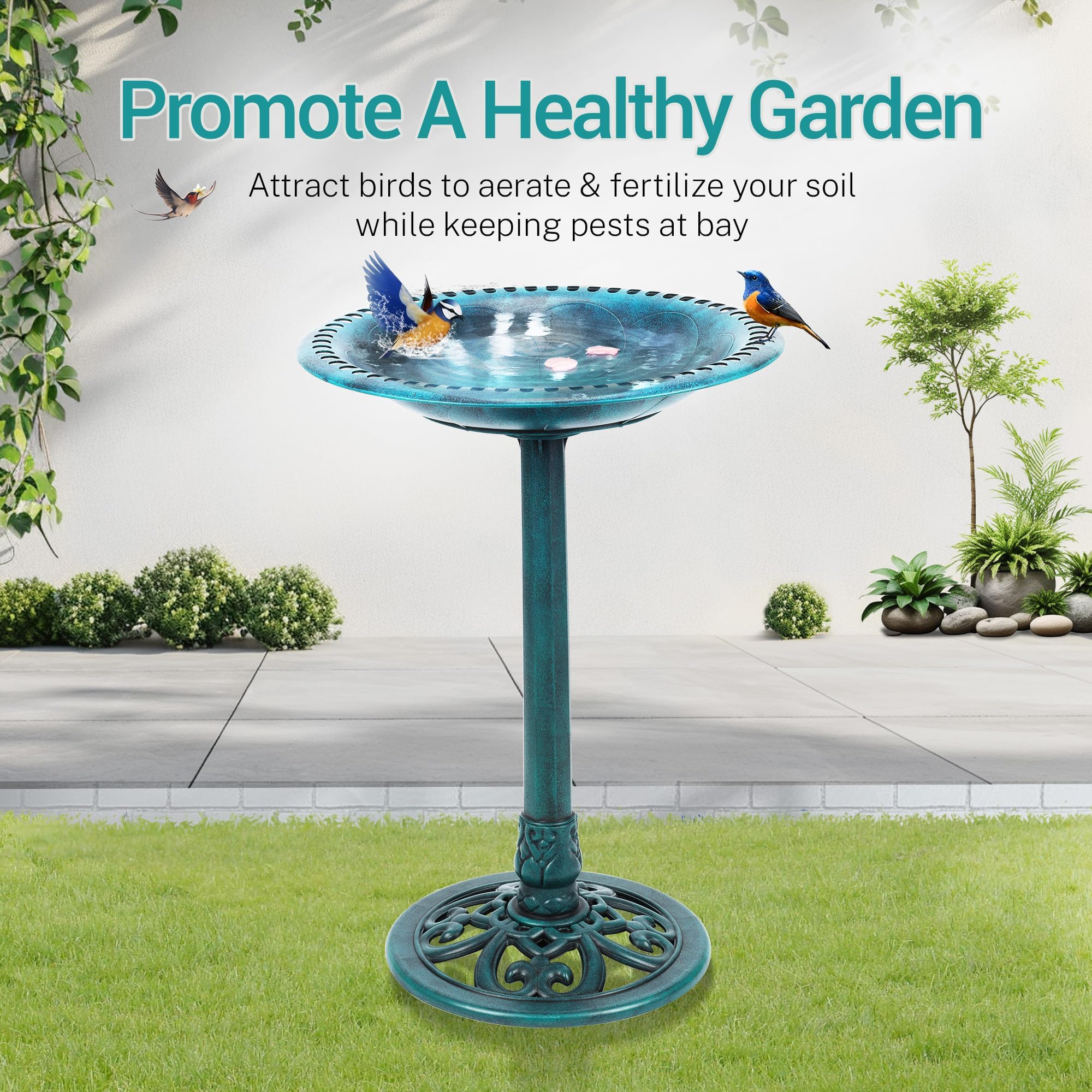 28 Inch Solar Powered Fountain Bird Bath - Antique Polyresin Standing Birdbath for Outdoor Garden Decor, Green - Perfect for Attracting Birds to Your Backyard or Patio