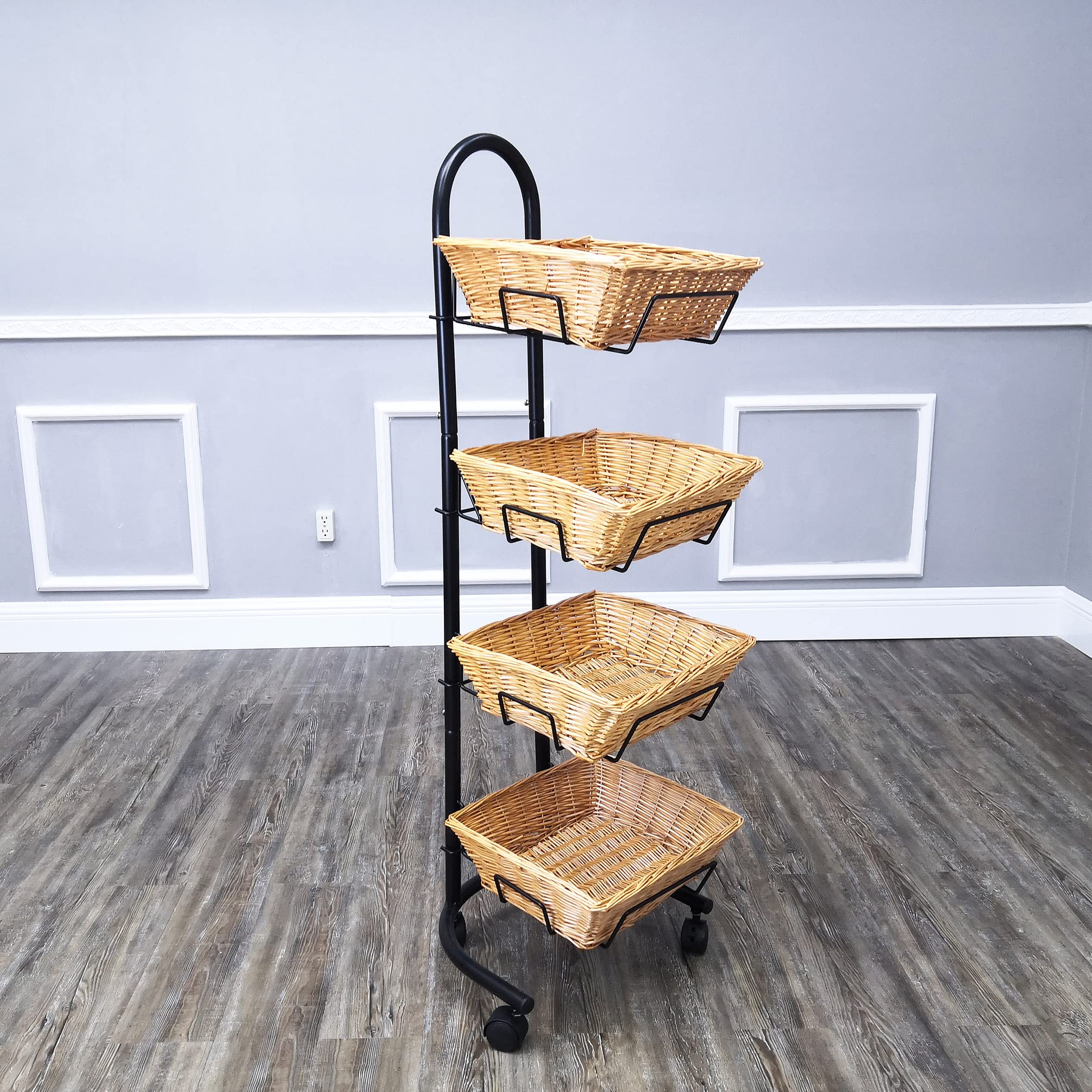 FixtureDisplays® 4-Tier Rolling Wicker Basket Display - Mobile Kitchen Pantry Organizer & Market Merchandiser Stand with Wheels - Perfect for Grocery Stores, Farmers Markets, and Home Storage Solutions