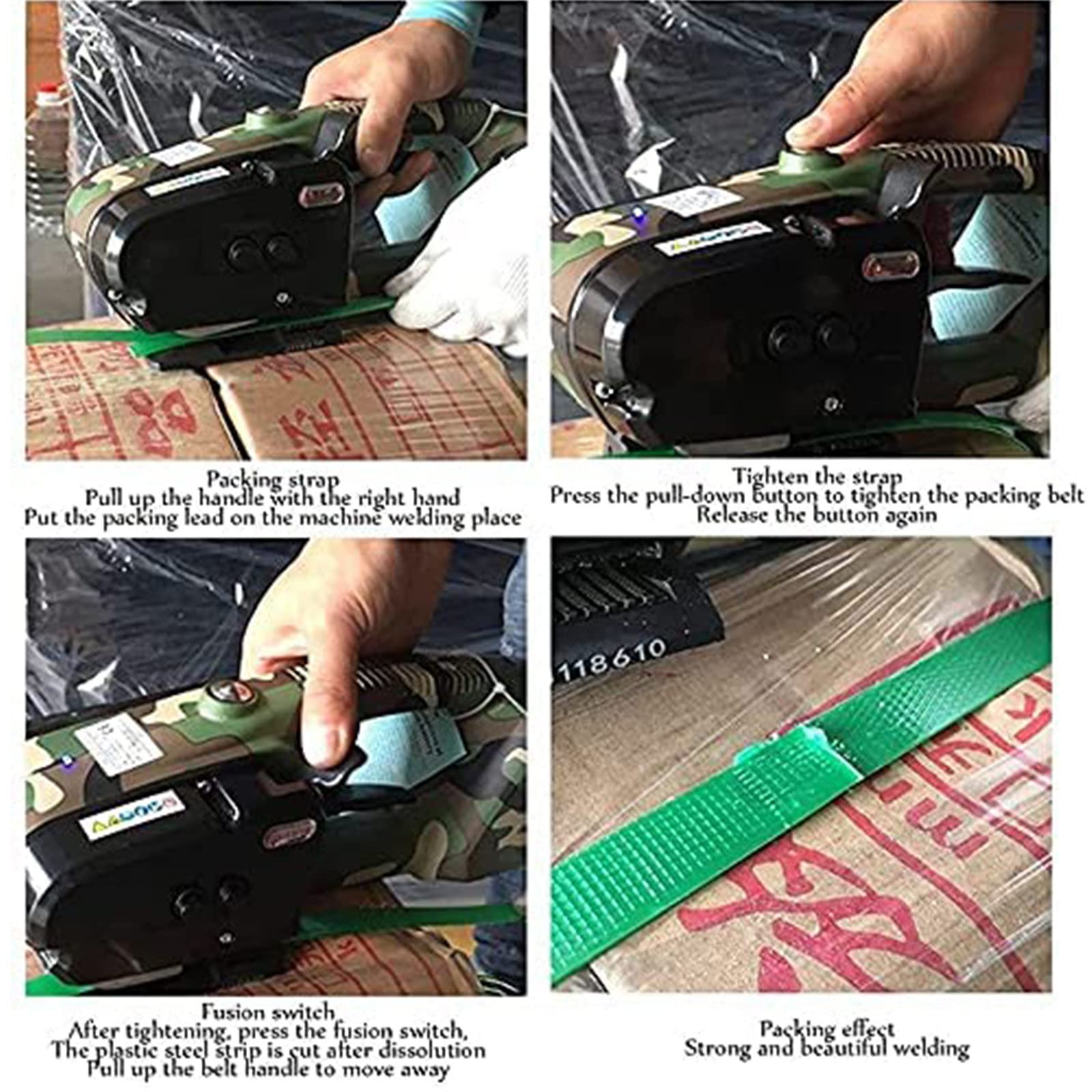 Portable Electric Strapping Machine - Battery Powered Automatic Baler with Tensioner & Cutter for PET/PP Straps - Ideal for Warehouse, Logistics & Shipping Packaging (Camouflage Design)