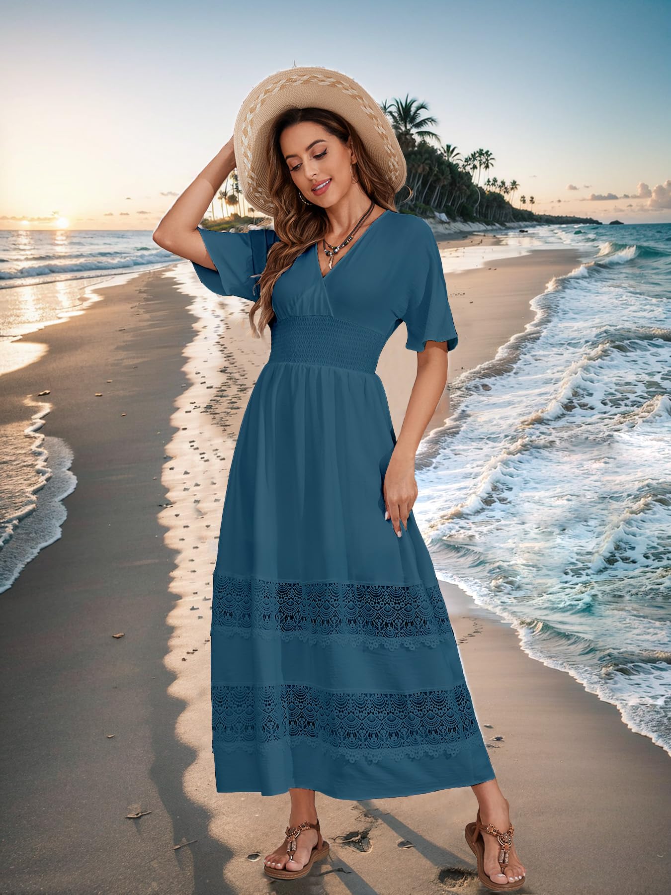 Boho Maxi Dress for Women 2025 | Summer V-Neck Lace Wedding Guest Dress with Smocked Waist | Flowy Bohemian Long Dresses for Beach, Party & Special Occasions