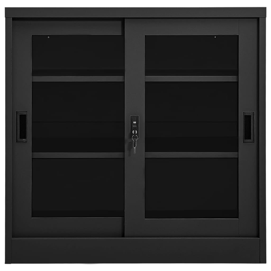 vidaXL Sliding Door Cabinet in Anthracite - Heavy-Duty Steel & Tempered Glass Storage Cabinet with Lock - Adjustable Shelves for Files & Documents - Space-Saving Office/Home Organization Solution - Perfect for Home Office, Living Room, or Bedroom Storage