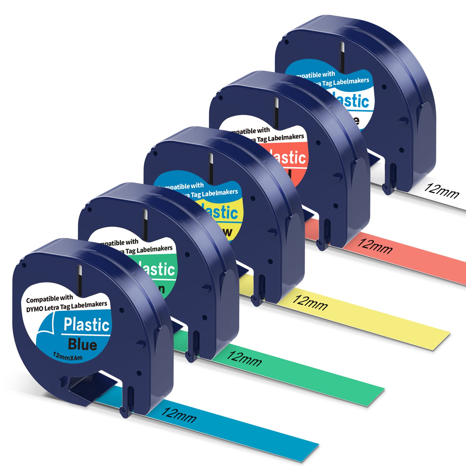 5-Pack D1/2 Inch YMO LetraTag Compatible Label Tapes - Replacement for DYMO 91331 91332 91333 91334 91335 Refills - Works with LT100H LT100T QX50 Label Makers - Color Plastic Tapes for Home Office Organization & Shipping Labels