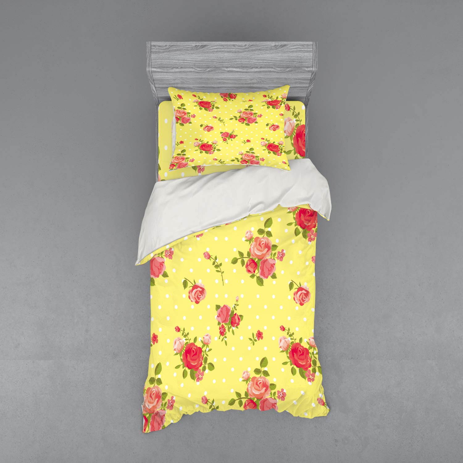 Ambesonne Rose Duvet Cover Set - Vintage Floral Pattern with Feminine Romantic Bouquets on Polka Dot Background | 3-Piece Bedding Set Includes Sham & Fitted Sheet | Twin XL Size in Yellow Coral Green | Perfect for Boho Chic Bedroom Decor & Guest Room Makeover