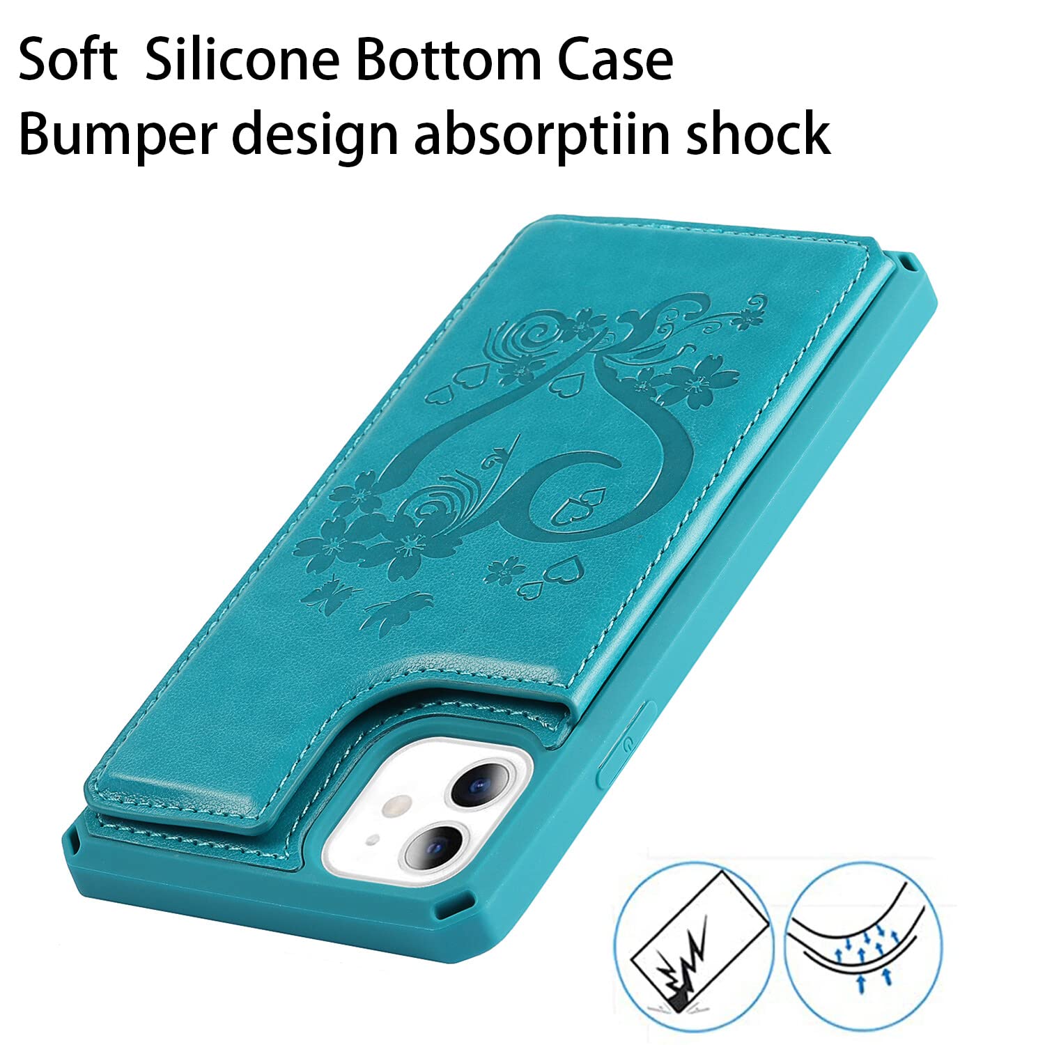 Premium Leather Wallet Case for iPhone 11 with Card Holder & Wrist Strap - Shockproof Protective Cover with Stand Feature (Heart Blue) | Perfect for Everyday Use, Travel, and Hands-Free Convenience