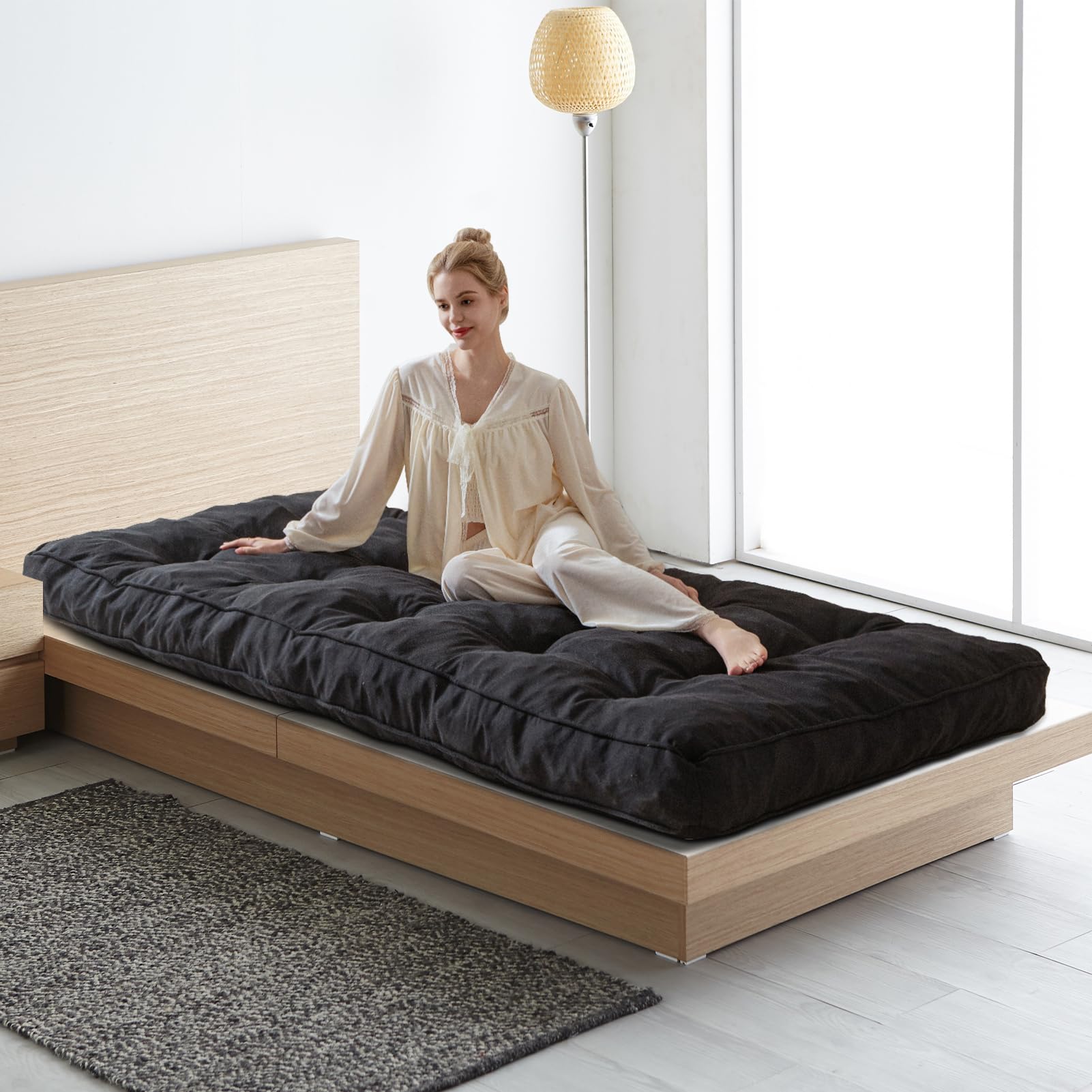 YOSHOOT 6 Inch Queen Size Futon Mattress - Thick Shredded Foam Sofa Bed for Adults - Medium Firm Support - Floor Mattress for Guest Room, Dorm, RV & Camping (Black, Frame Not Included)