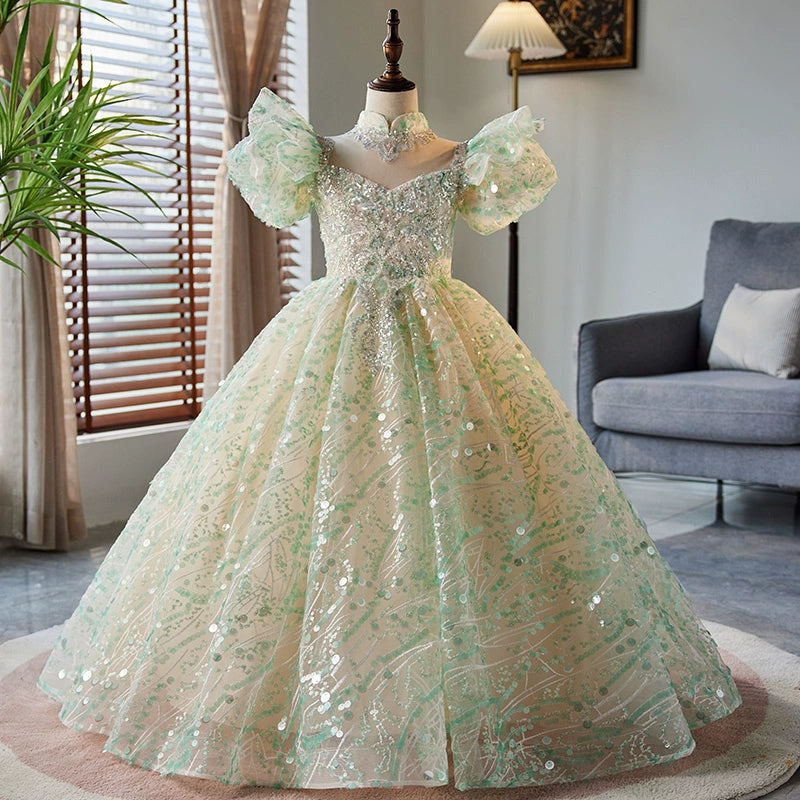 Elegant Mint Green Organza Flower Girl Dress with Floor Length Princess Style - Perfect for Weddings, Pageants & Special Occasions