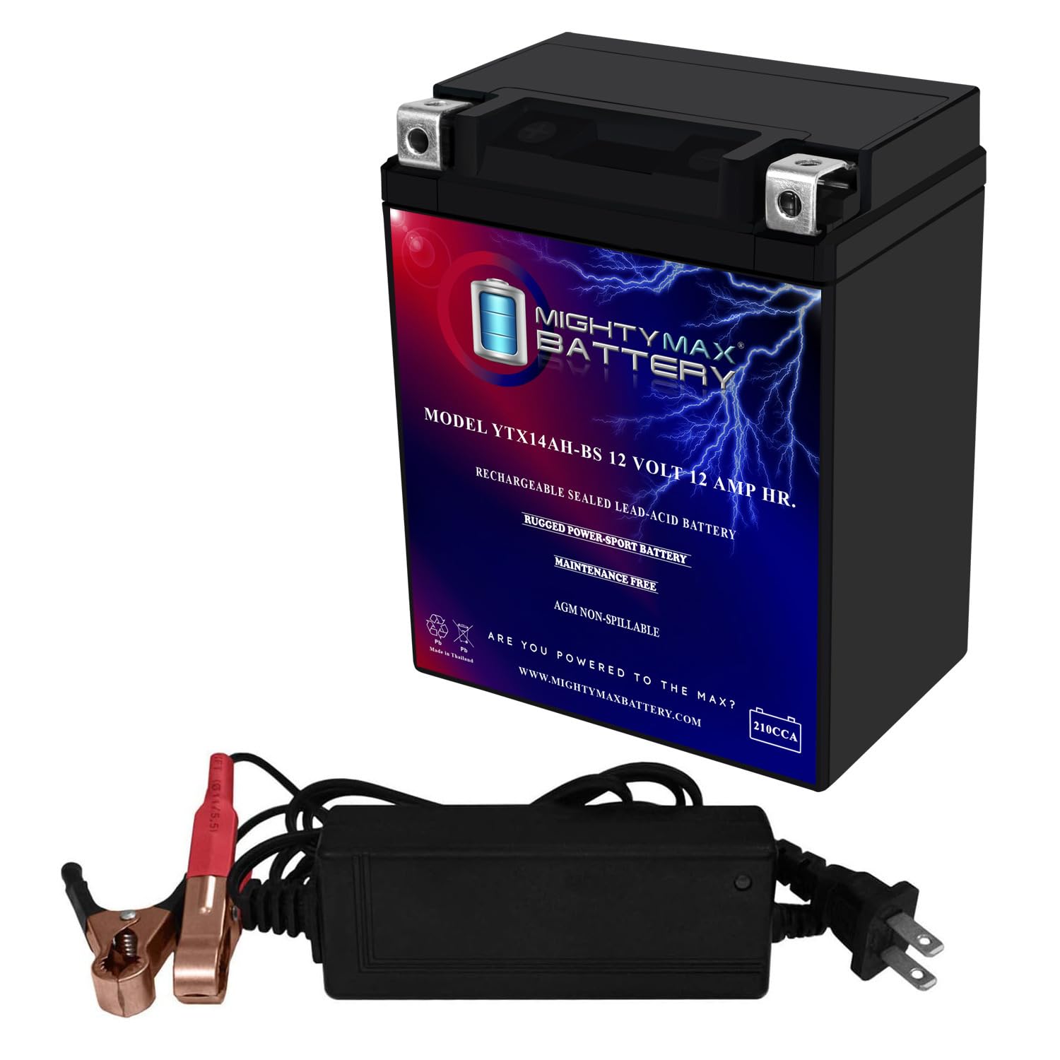 Mighty Max YTX14AH 12V 14AH Replacement Battery for Yamaha Motorcycles with 12V 2Amp Charger - Powers ATVs, Scooters & Marine Vehicles