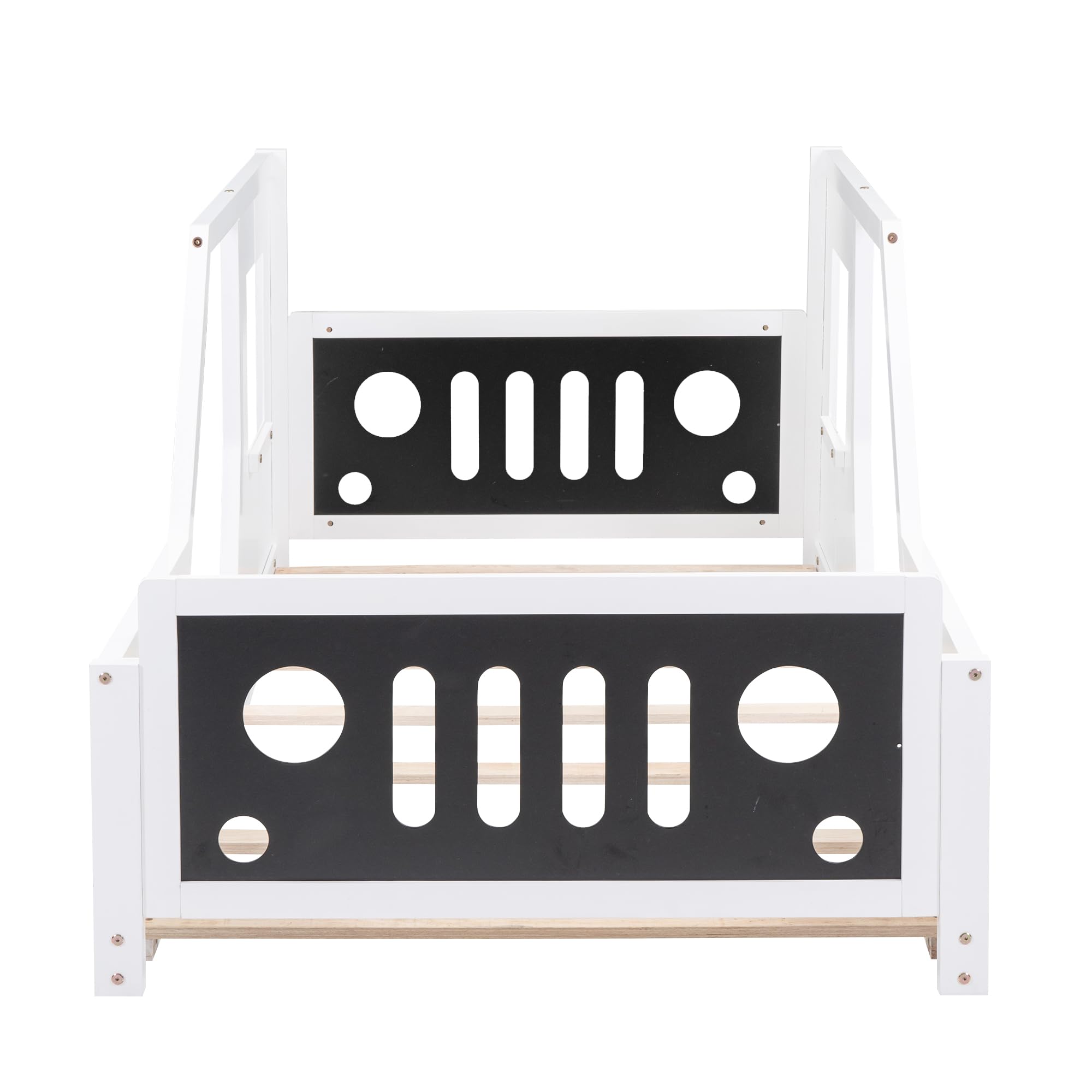 **MERITLINE Twin Size Kids Floor Car Bed - Wooden Platform Bed Frame with Doors, Wheels & Slat Support - No Box Spring Needed - Perfect for Boys & Girls Bedrooms, Playrooms & Themed Kids Rooms - White**