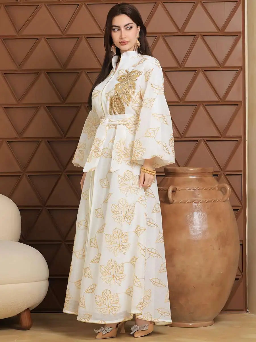 2 Piece Eid Embroidery Dress Set - Flowy Caftan Kaftan with Matching Sleeveless Inner Dress | Elegant Muslim Women's Outfit for Eid Celebrations, Parties & Special Occasions