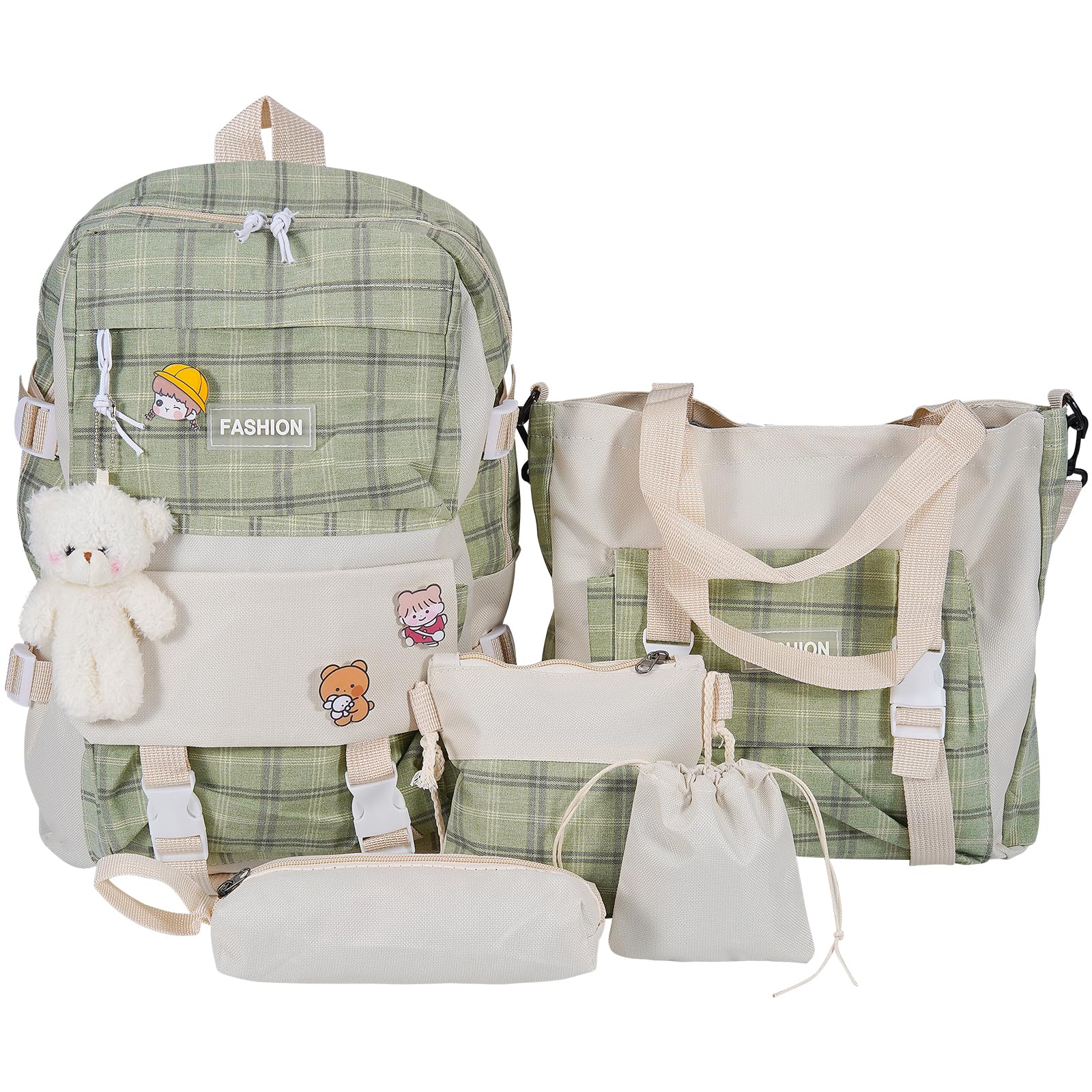 5Pcs Cute Kawaii Bear Canvas Backpack Set with Plaid Check Handle - School Backpack, Shoulder Tote Bag for Girls, Boys - Perfect for School, Travel & Daily Use