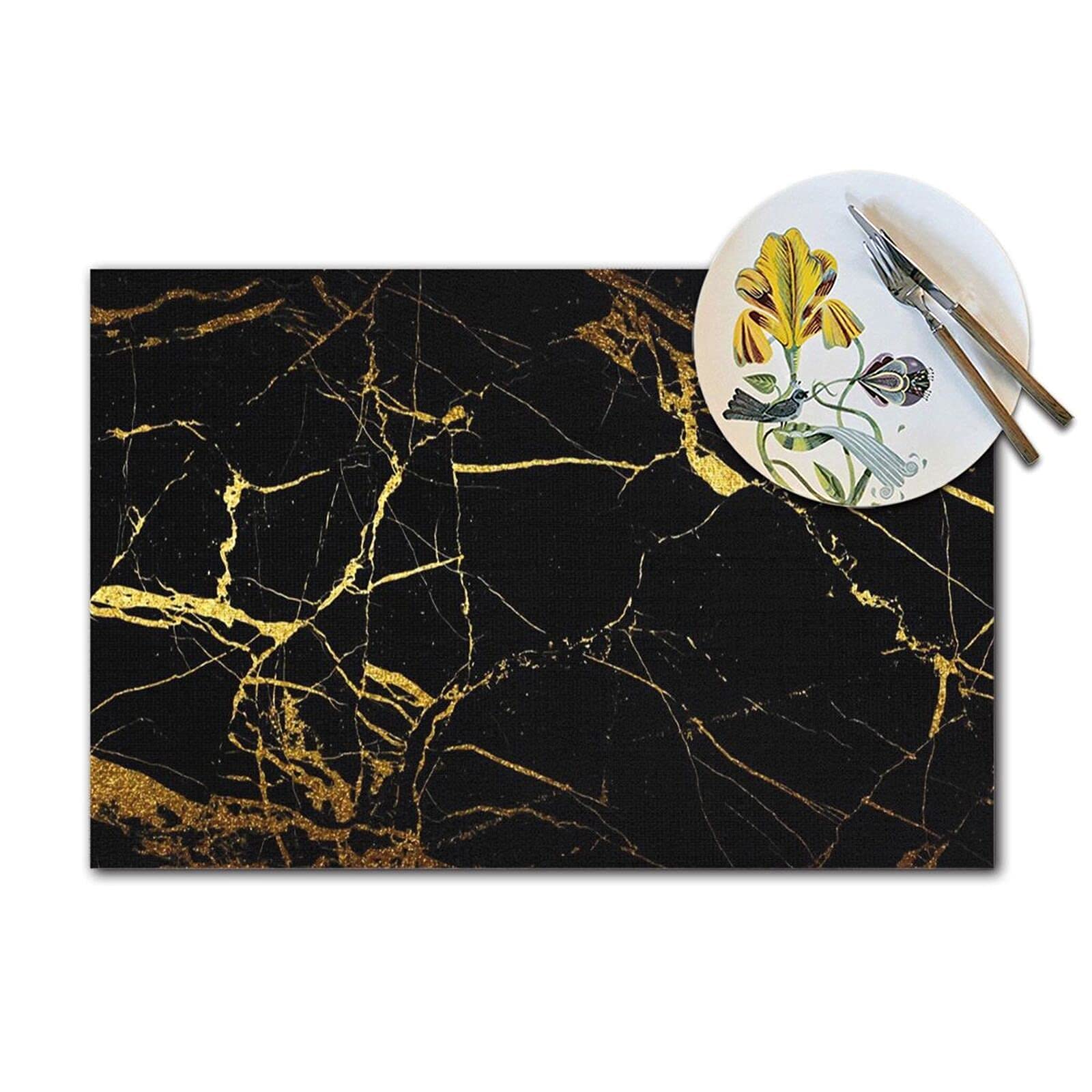Premium Black Gold Marble Placemats Set of 4 - Heatproof Non-Slip Vinyl Place Mats for Dining & Kitchen Tables - Washable Woven Table Mats for Everyday Use, Dinner Parties & Holiday Decor