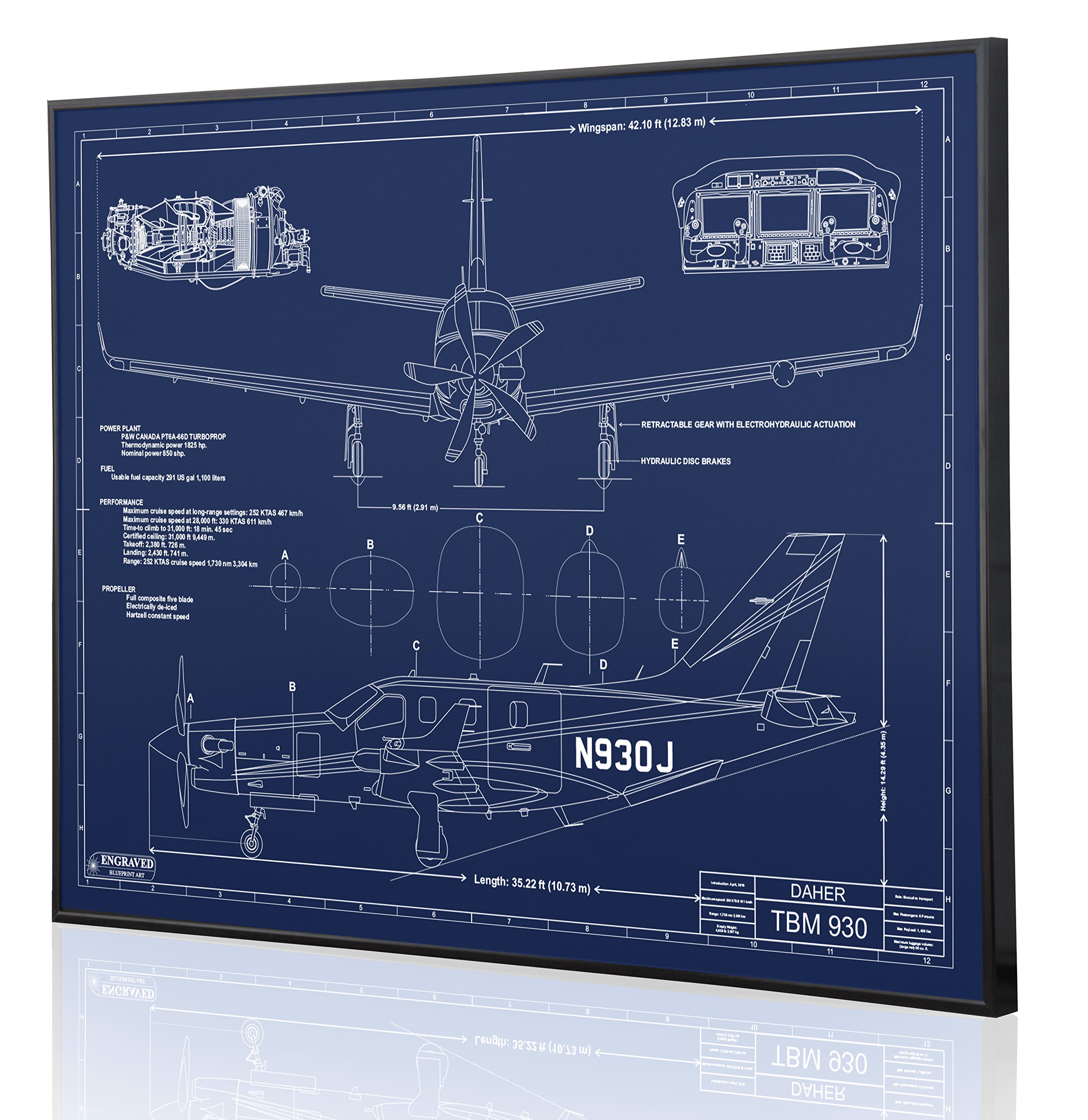 DAHR TBM-930 Blueprint Artwork - Laser Engraved & Customizable Aviation Wall Decor - Perfect Pilot Gift for Home Office, Man Cave & Flight School