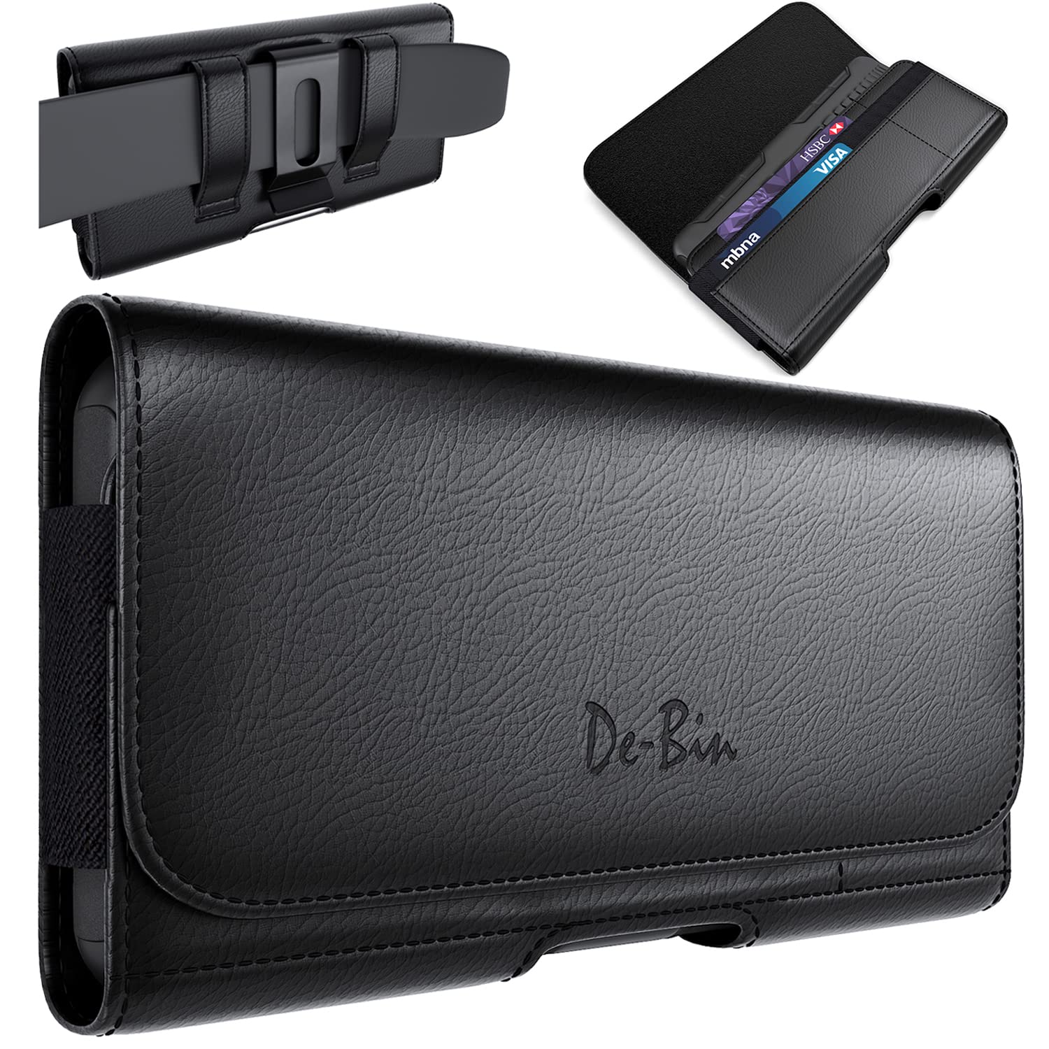 DeBin Universal Phone Holster Belt Clip - Compatible with iPhone 16/15/14/13/12/11/Xs/X/XR & Otterbox Commuter Case - Durable Cell Phone Holder with ID Card Pouch for Men (Black) - Perfect for Outdoor Activities, Work & Travel