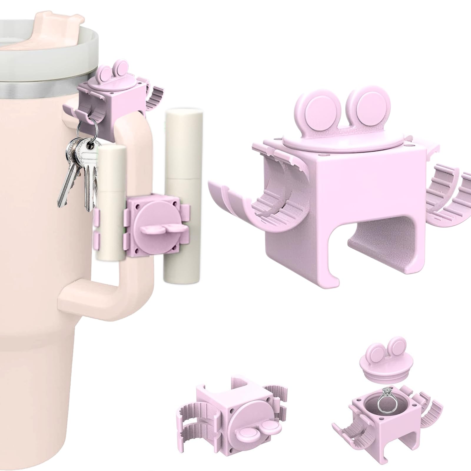 Stanley Quencher H2.0 Tumbler Handle Clips - 30oz & 40oz Cup Accessories, Chapstick Holder, Keychain & Jewelry Organizer in Pink - Perfect for Work, Gym & Outdoor Adventures