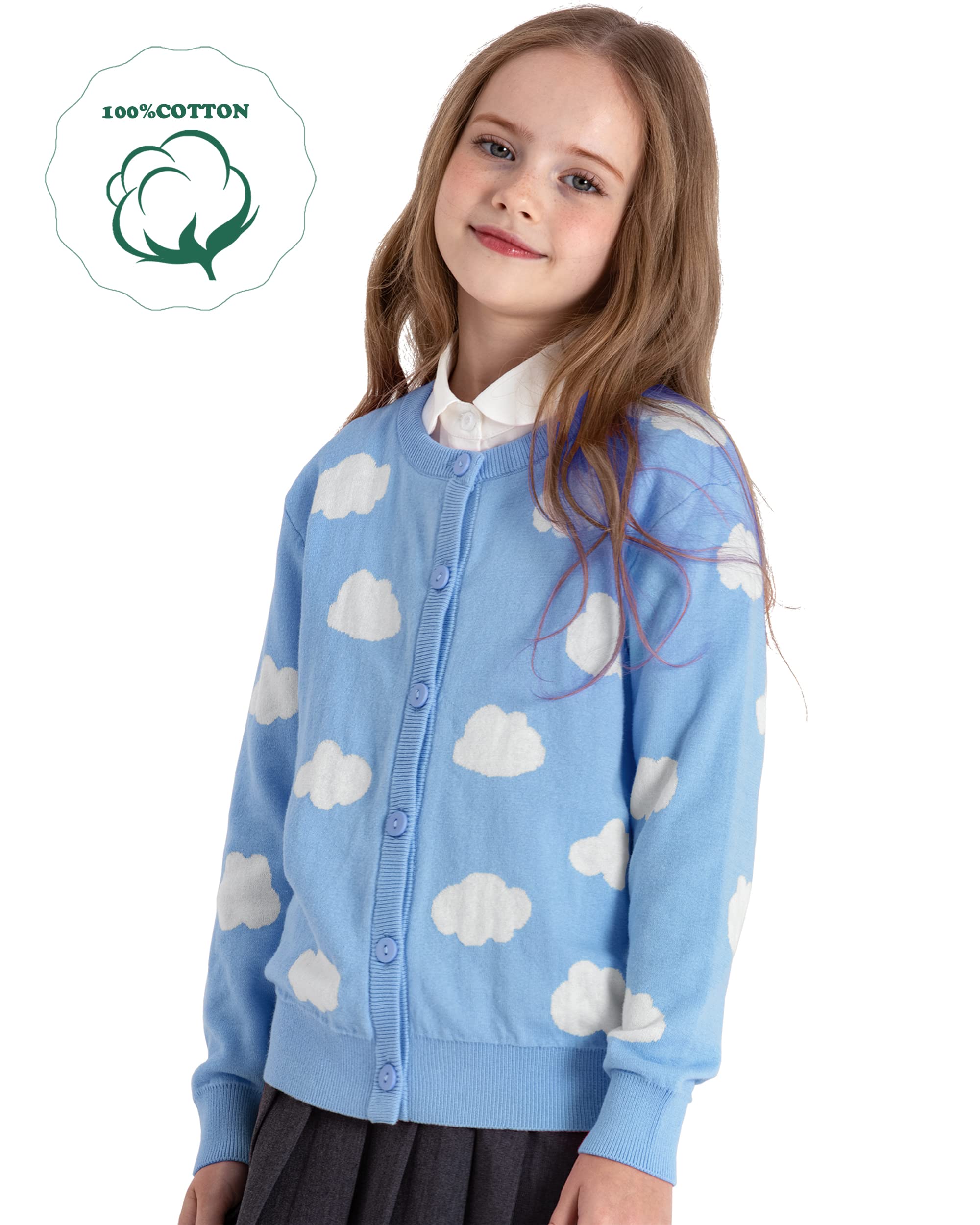 BOBOYOYO Girls Cute 100% Cotton Button Up Cardigan Sweater - Long Sleeve Knit Crewneck Kawaii Clothes for Kids - Perfect for School, Casual Wear & Family Outings