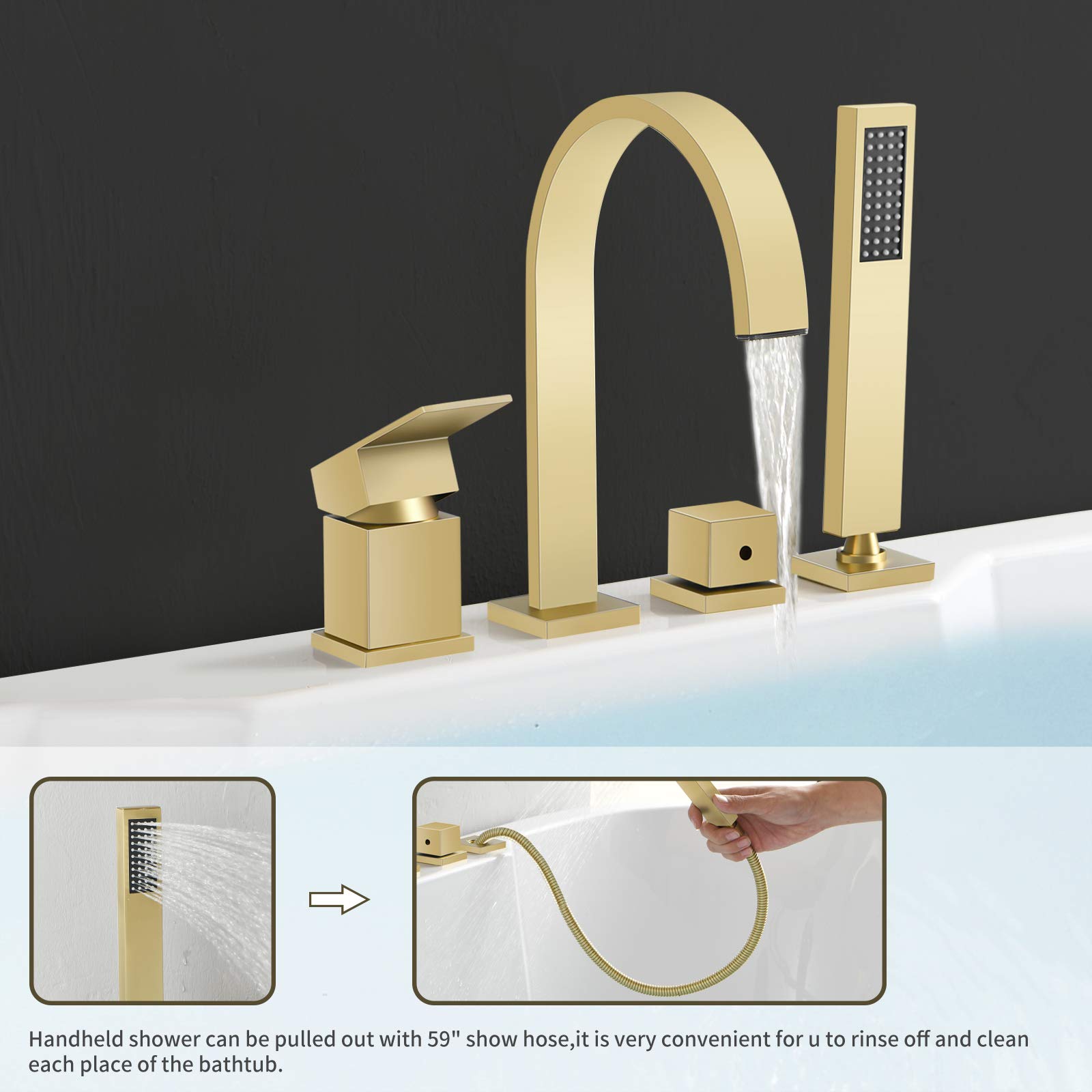 Modern 4-Hole Waterfall Brushed Gold Bathtub Faucet - Roman Tub Filler with Handheld Shower - Solid Brass Bathroom Faucet for Luxury Spa Experience