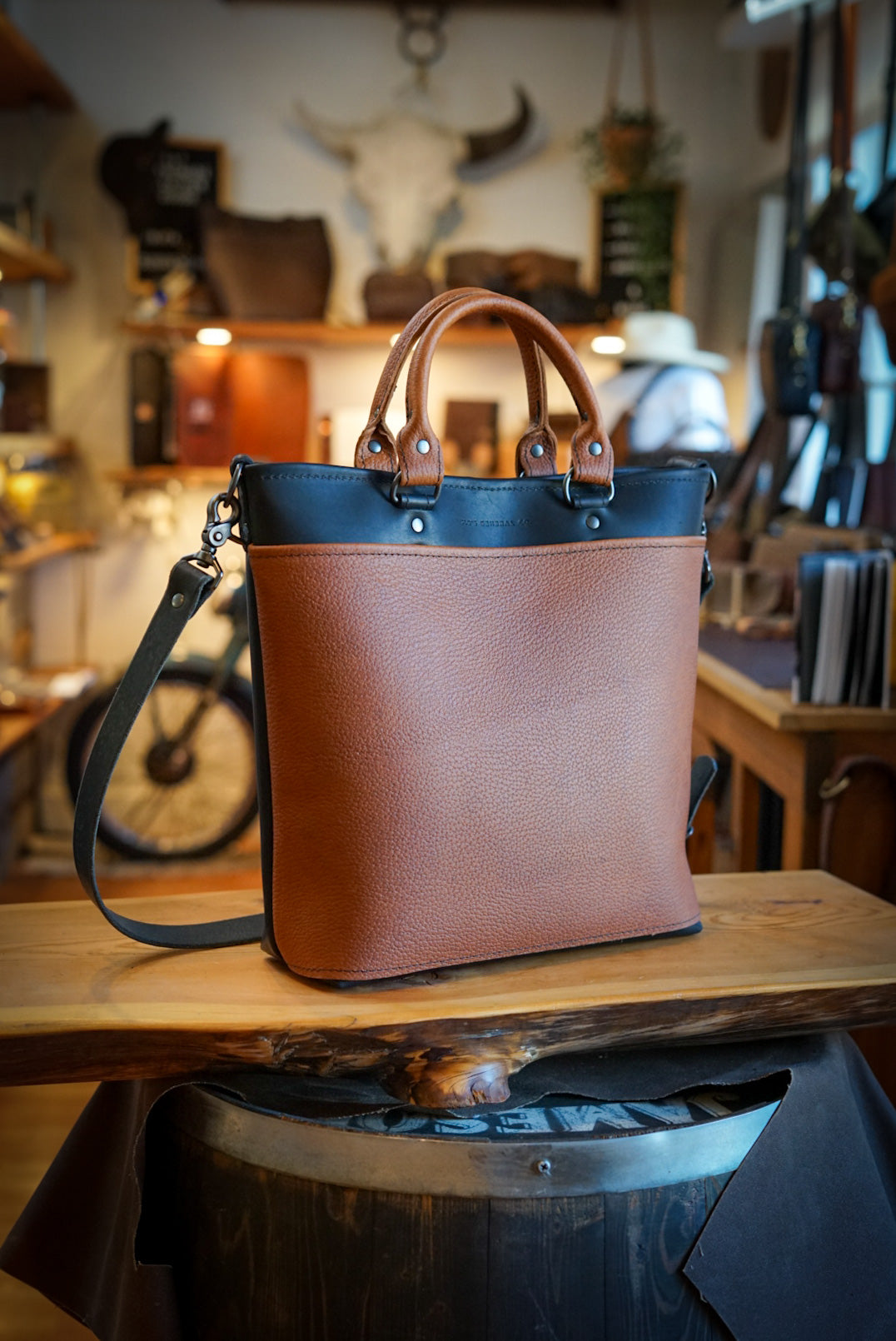 Stylish Two-Tone Pebbled Leather Handbag in Canyon Tan & Flat Black - Perfect for Work, Travel, and Everyday Use