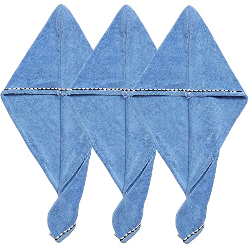 Borogo 3-Pack Microfiber Hair Towel Wrap for Women - Soft Quick-Dry Hair Turban with Button Closure, Shower Cap & Bath Towel (Blue) - Perfect for Post-Shower, Swimming & Salon Styling