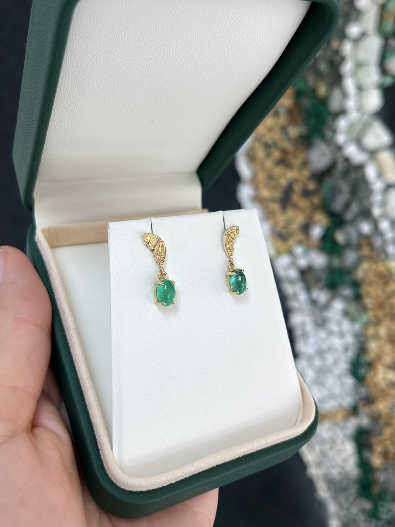 2.05tcw 14K Gold Green Oval Cabochon Emerald Half Butterfly Dangle Earrings for Women - Elegant Jewelry Gift for Wedding, Party & Special Occasions