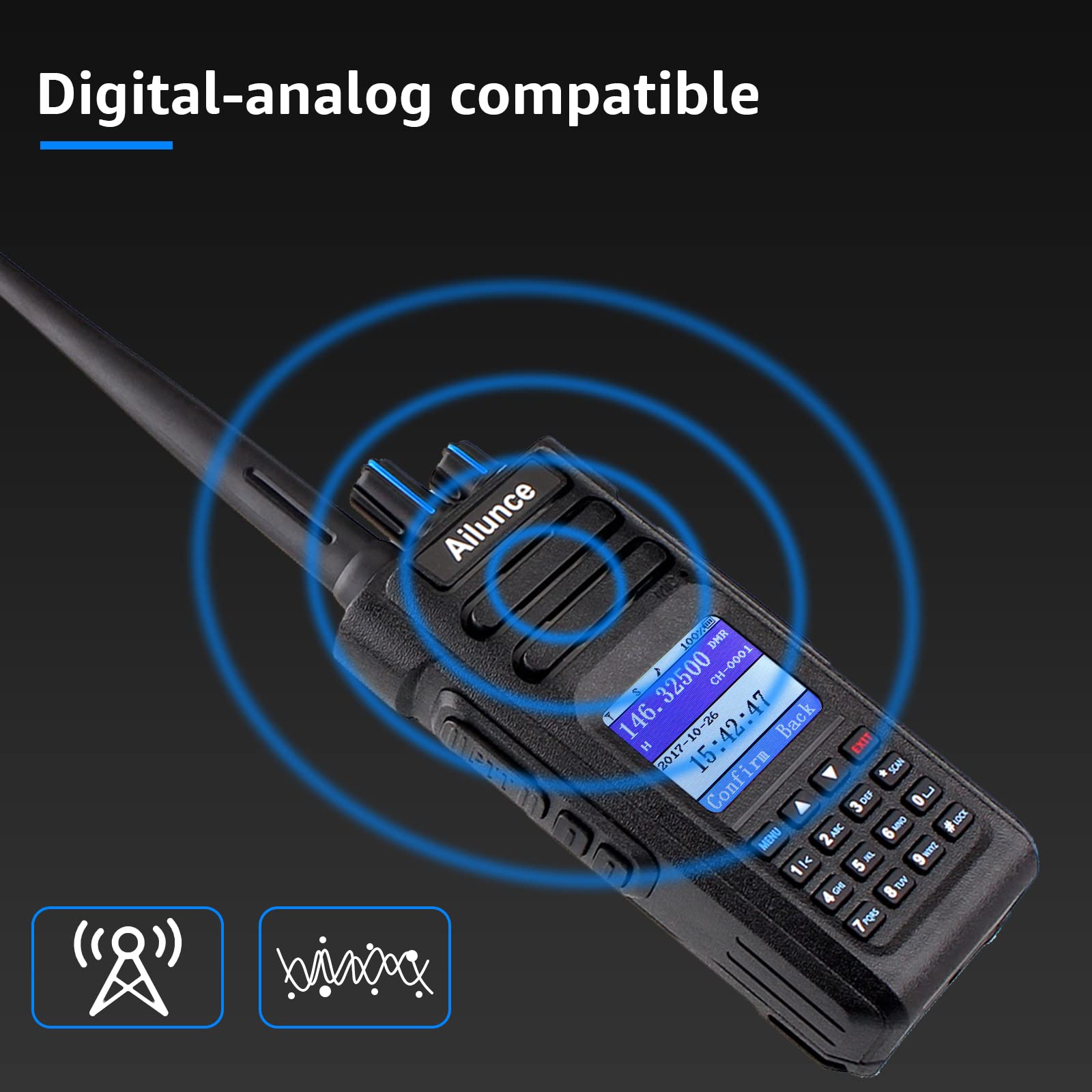 DMR Dual Band Two Way Radio - HD1 Ham Radio with 3200mAh Battery, Long Range Portable Walkie Talkie for Outdoor Adventures, Emergency Communication & Camping (Black) | Rechargeable FM Radio with Antenna & Emergency Alarm Features