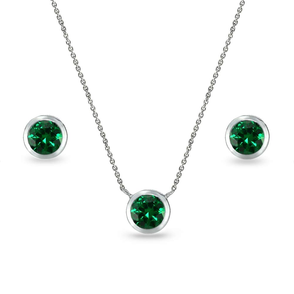 Women's Jewelry Sets - Sterling Silver Birthstone Necklace & Earrings Set with 5mm Round Bezel Pendant | Genuine or Synthetic Gemstones | Perfect Gift for Birthday, Anniversary & Special Occasions