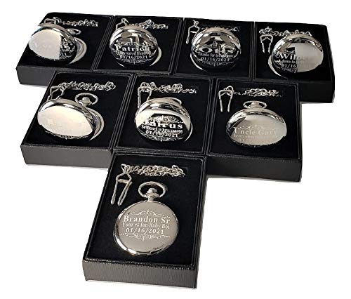 **7 Personalized Engraved Pocket Watches for Men - Vintage Wedding Groomsmen & Best Man Gift Set with Stainless Steel Chain & Gift Box (Black) - Perfect for Weddings, Anniversaries, and Special Occasions**