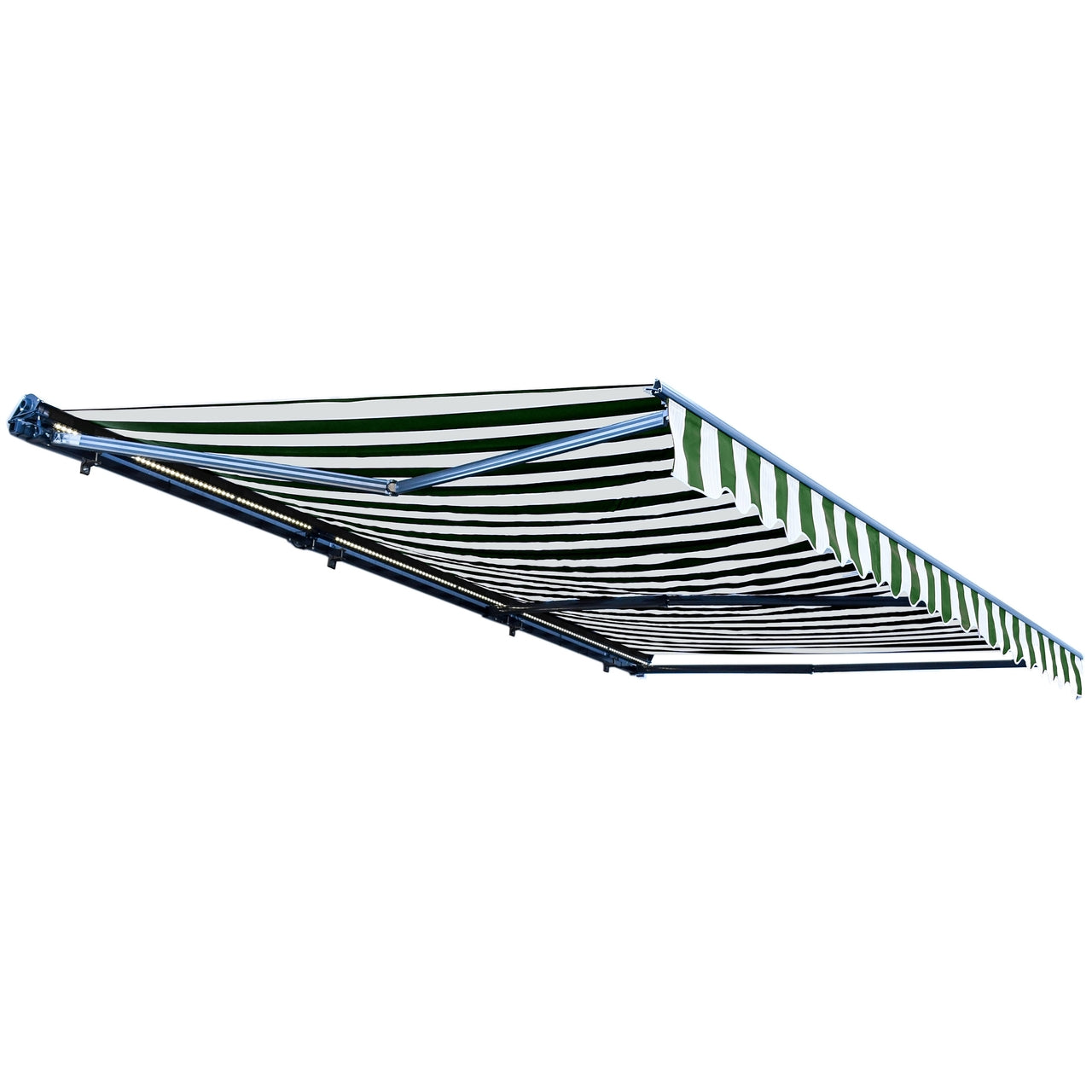 20 x 10 Feet Aleko Half Cassette Motorized Retractable LED Patio Awning - Green & White Stripes | Perfect for Outdoor Living, Deck, Garden & Backyard Shade