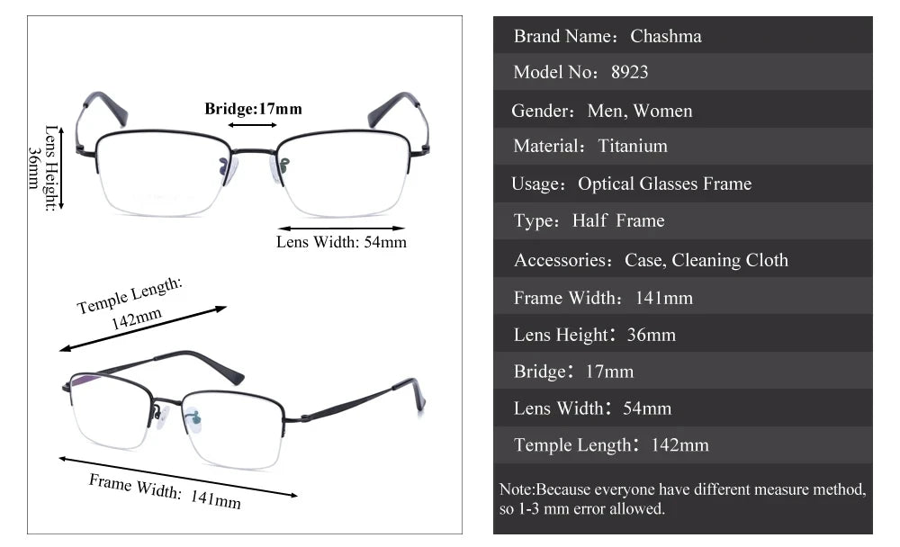 Men's Semi-Rimless Square Titanium Eyeglasses 89234 - Lightweight Durable Frame for Reading & Computer Use - Office, Driving & Everyday Wear