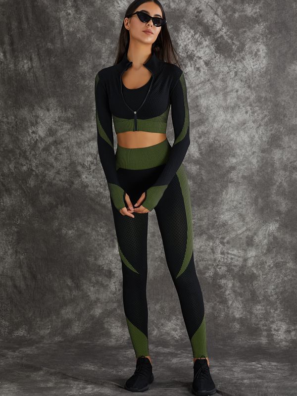 ZASUWA Women's 3-Piece Long Sleeve Zipper Workout Set - Gym, Yoga & Running Activewear for Women