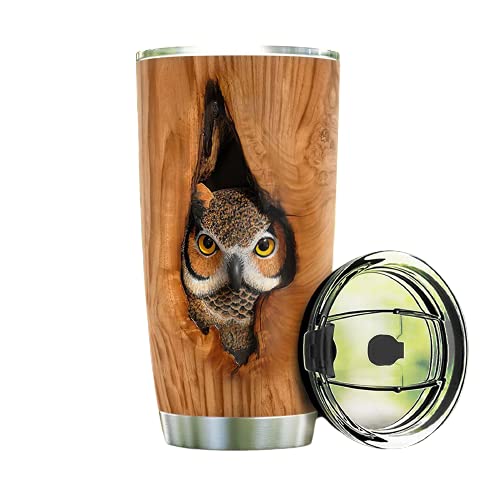 Personalized Owl Wood Style 20oz & 30oz Double Wall Vacuum Insulated Travel Tumbler with Lid - Custom Thermos Coffee Mug for Office, Camping & Outdoor Adventures