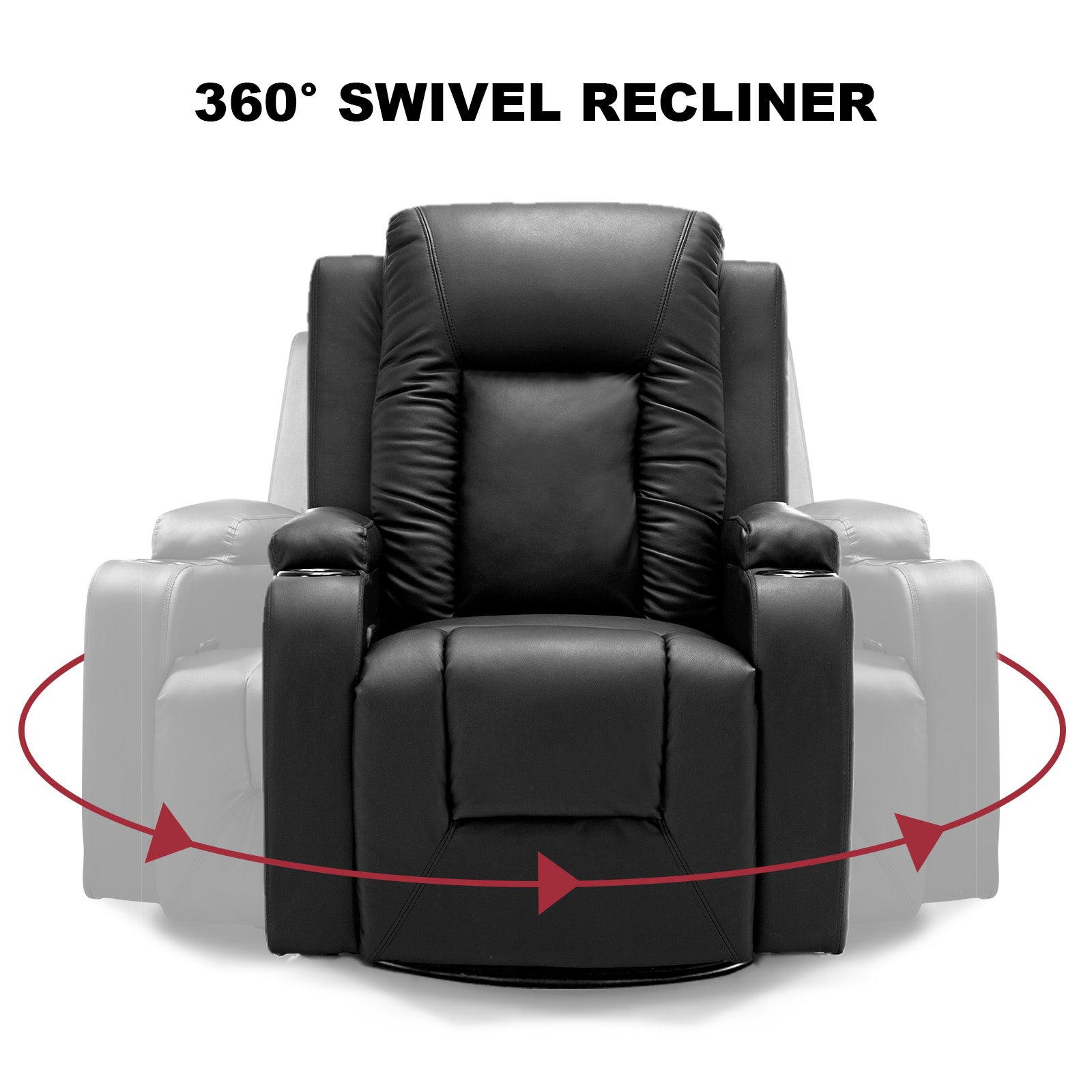 COMHOMA PU Leather Recliner Chair with Heat and Massage - Swivel Rocking Chair for Adults, Single Sofa Seat with Cup Holders & Side Pockets - Perfect for Living Room, Bedroom, Home Theater & Relaxation (Black)