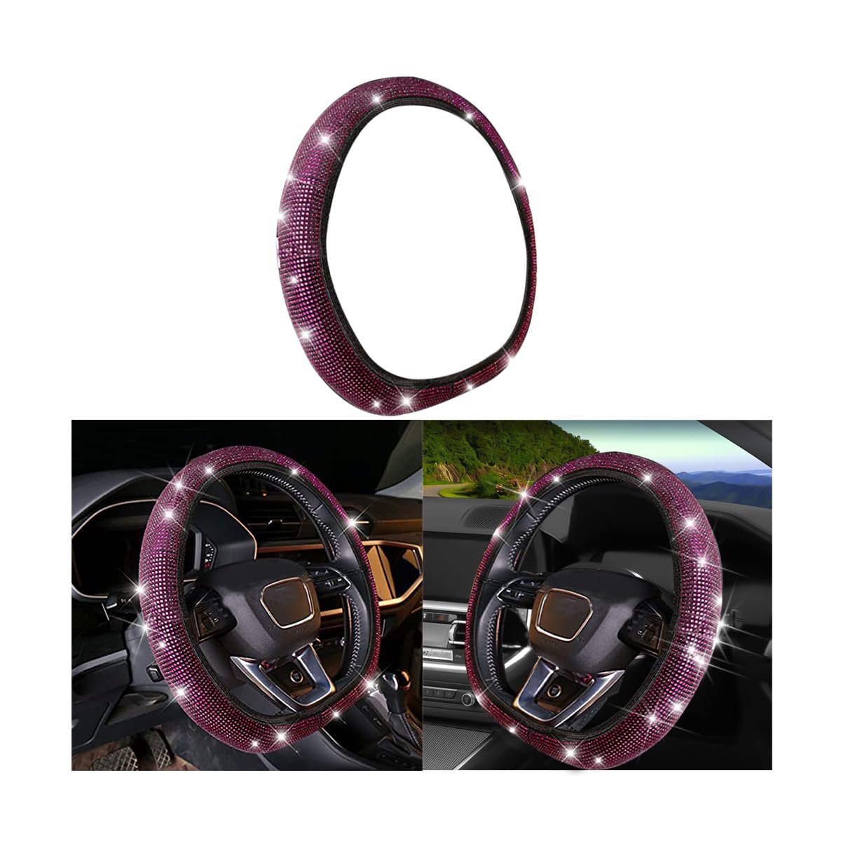 Sparkling Crystal Rhinestone Steering Wheel Cover - Anti-Slip 15 Inch Universal Fit for Cars, SUVs & Vehicles | Rose Red Bling Car Accessories | Perfect for Luxury Car Decor & Gift Giving