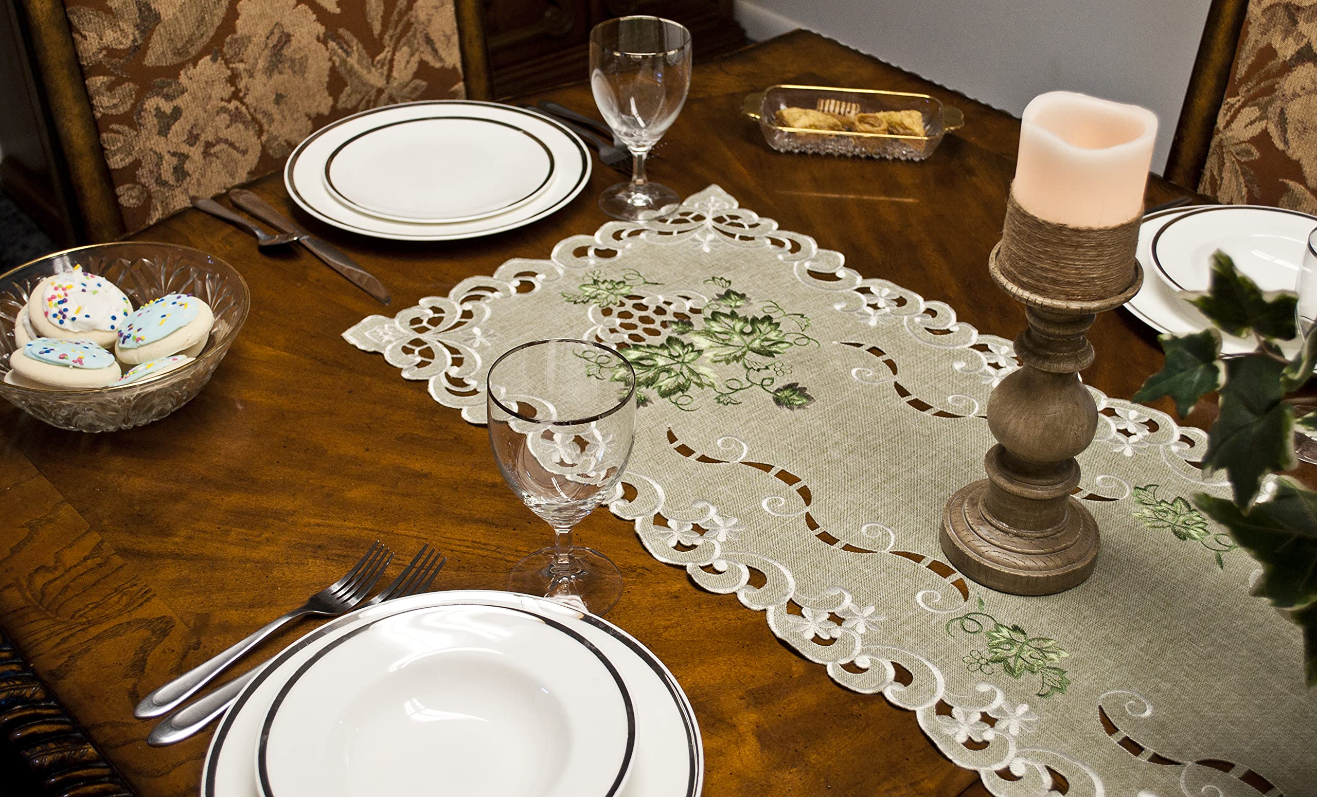Antique Green Embroidered Leaf Table Runner - 16x70 Inches Long Dresser Scarf for Dining Table, Buffet, or Console Decor