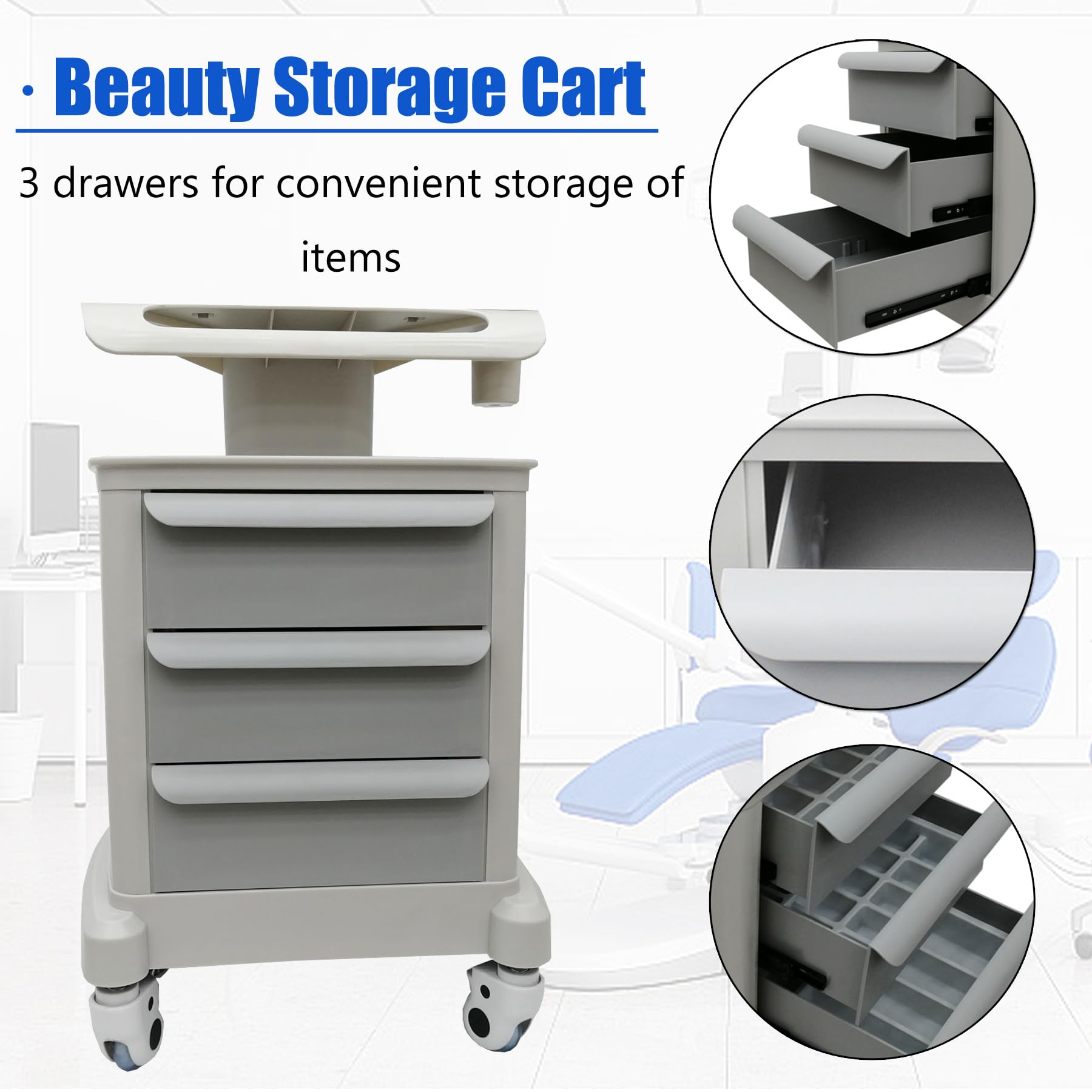 TECHTONGDA Mobile Ultrasound Cart with 3 Drawers - Portable Rolling Utility Trolley for Medical Equipment & Beauty Tools (66 LBS Capacity) - Perfect for Hospital, Office, Beauty Salon & Home Use