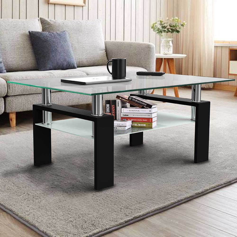 Modern Black Rectangle Glass Coffee Table with Metal Legs & Lower Shelf - Stylish Living Room Centerpiece for Home Decor, TV Lounge & Small Space Furniture