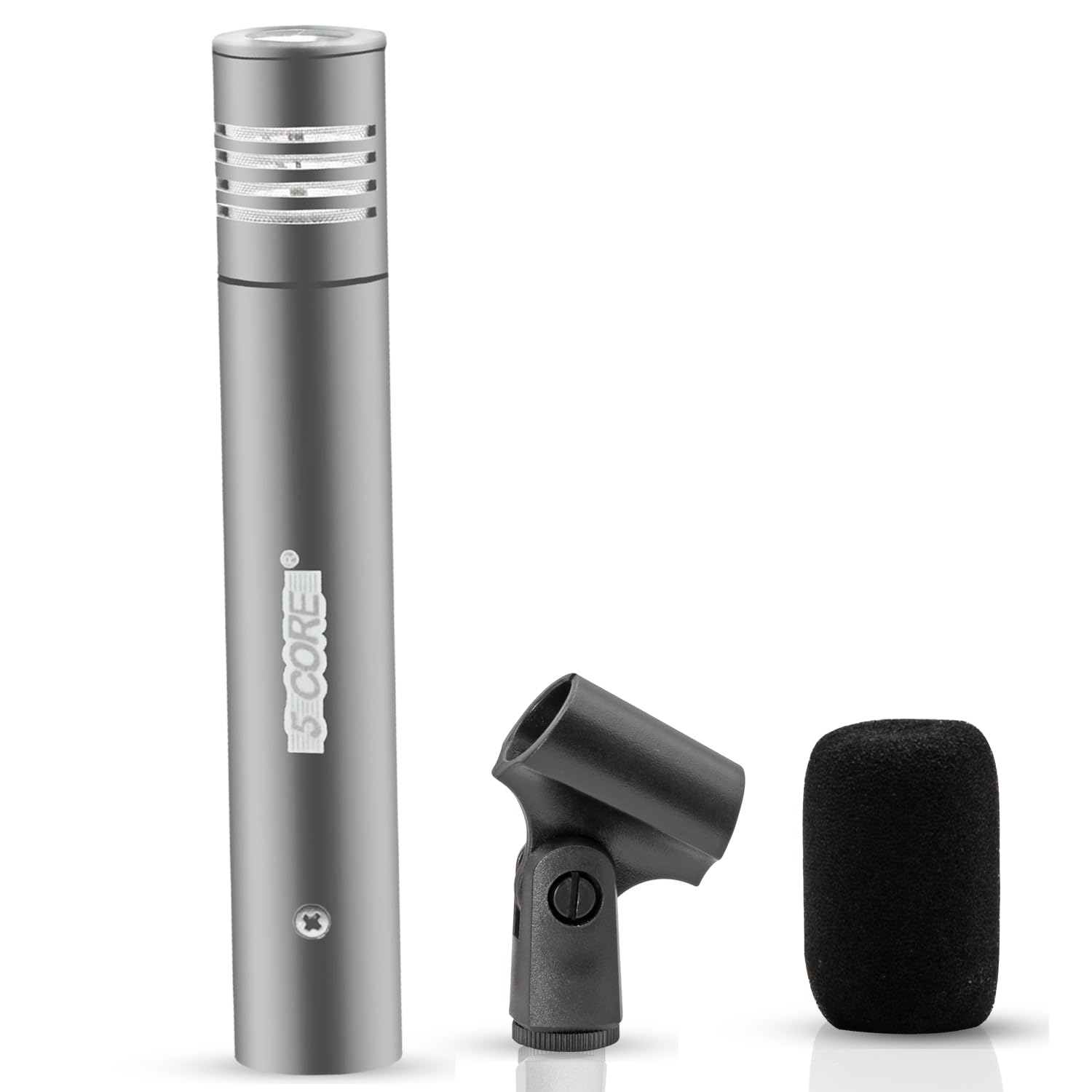 5 CORE Professional Condenser Microphone - Cardioid Unidirectional Pencil Mic for Studio Recording, Podcasting & Live Streaming (Includes Windscreen, Mic Clip & Case) - INSTRU MIC 300 Grey
