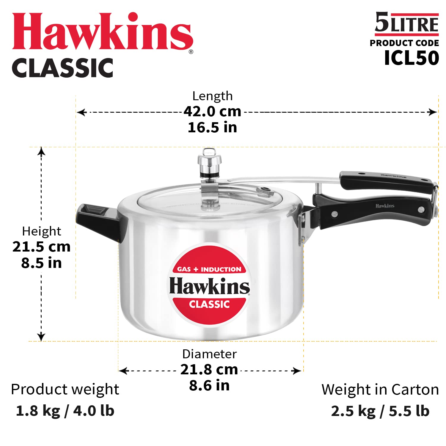 Hawkins Aluminum 5L Classic Pressure Cooker with Induction Base - Silver (ICL50) | Fast & Safe Cooking for Rice, Beans, Soups & Stews | Perfect for Home Kitchens & Camping
