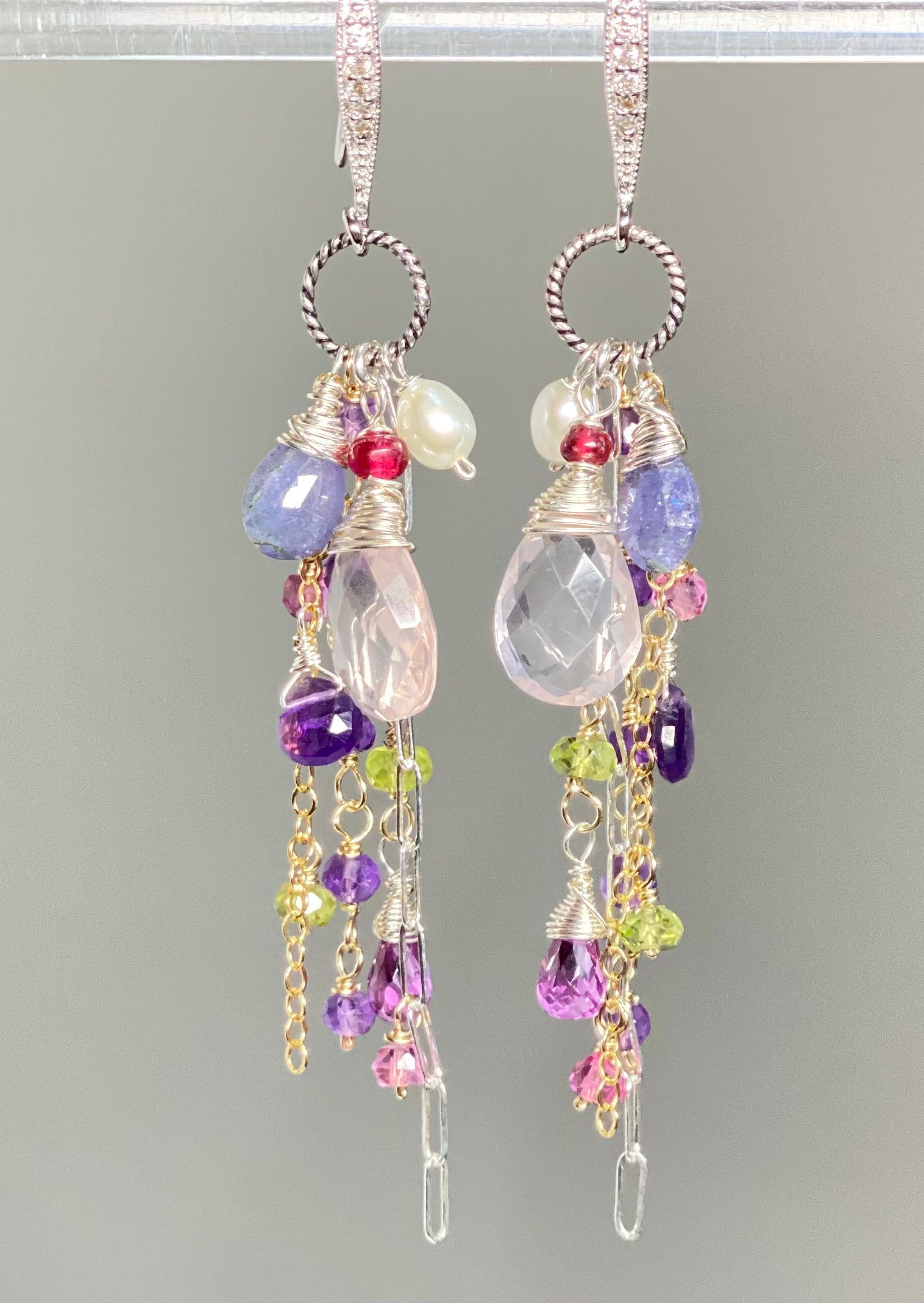 Rose Quartz Multi Gem Dangle Earrings with Tanzanite & Violet Stones in Sterling Silver - Elegant Jewelry for Women, Perfect for Parties, Weddings & Special Occasions