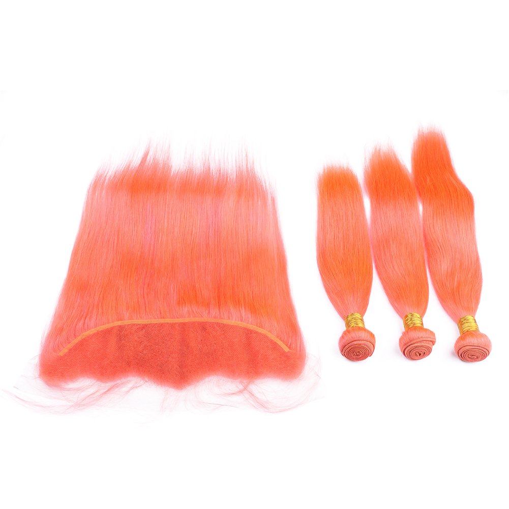 9A Virgin Brazilian Malaysian Silky Straight Hair Extensions - 3 Bundles with 13x4 Frontal (10 10 10+8 Inch) Sun Orange Color | Natural Look for Daily Wear, Parties & Special Occasions