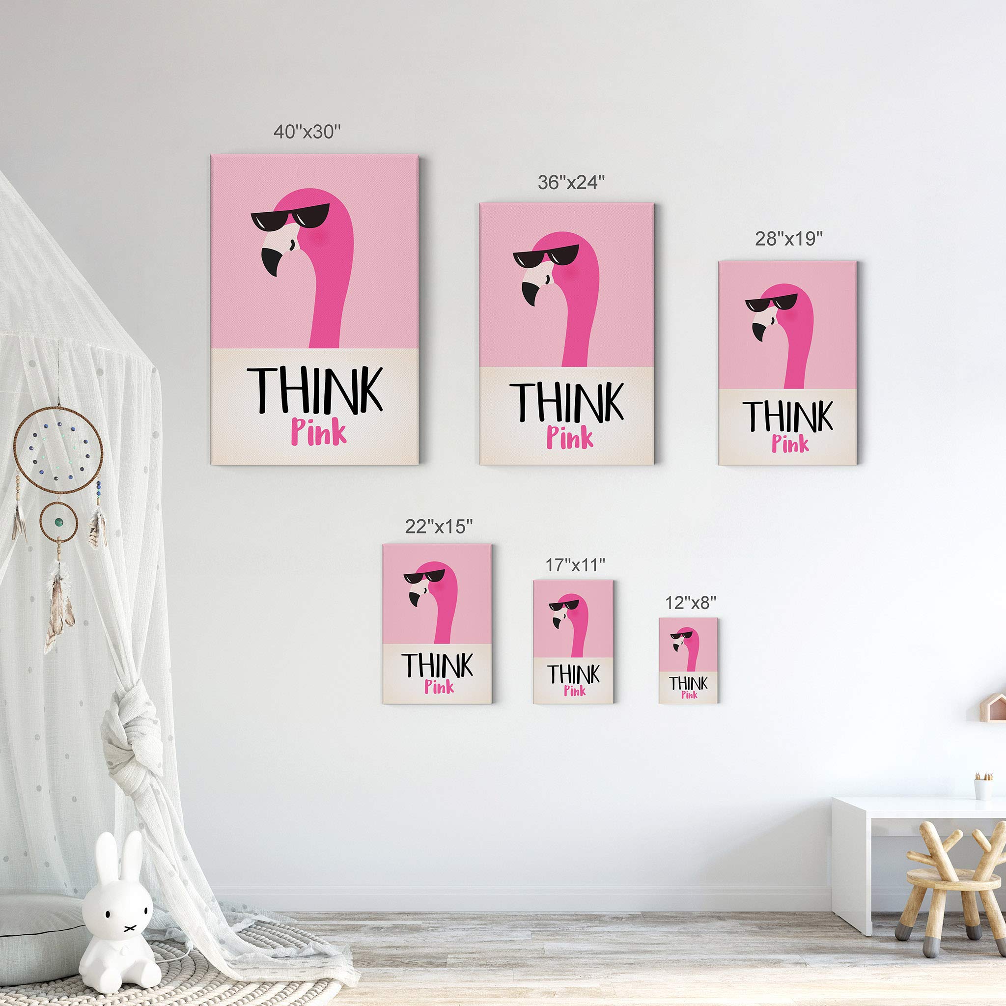 Think Pink Flamingo Quote Canvas Print - Pink & Cream Wall Art for Kids Room, Nursery & Baby Room Decor - Ready to Hang 36x24 - Made in USA | Perfect for Birthday Gifts & Girls Bedroom Decoration